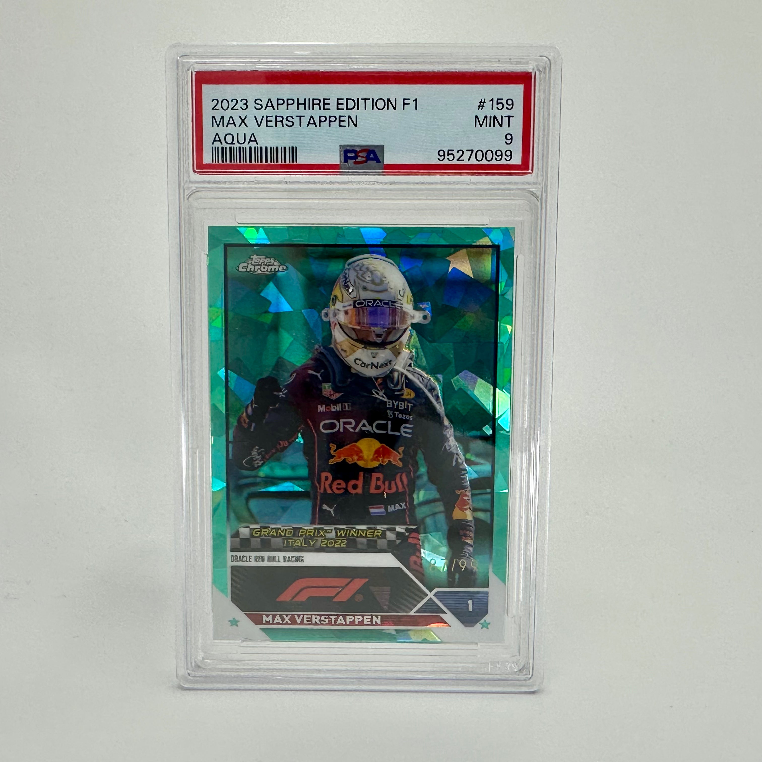 2023 Topps Chrome Sapphire Aqua Max Verstappen #159 PSA 9 /99 - Rare F1 Racing Card for Collectors & Sports Memorabilia Enthusiasts