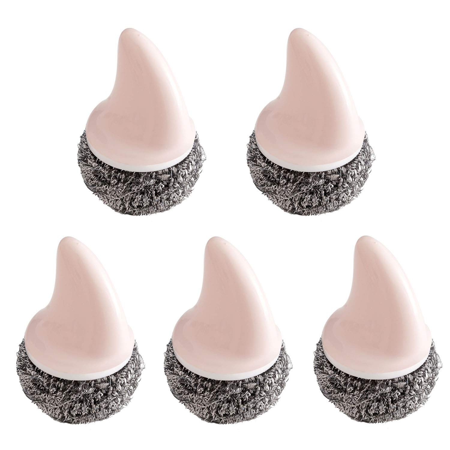 MIEDEON 5-Piece Stainless Steel Pot Scrubber with Handle - Dishwashing Brush Set for Kitchen Cleaning (Color: Pink) - Perfect for Pots, Pans, and Cookware Cleaning