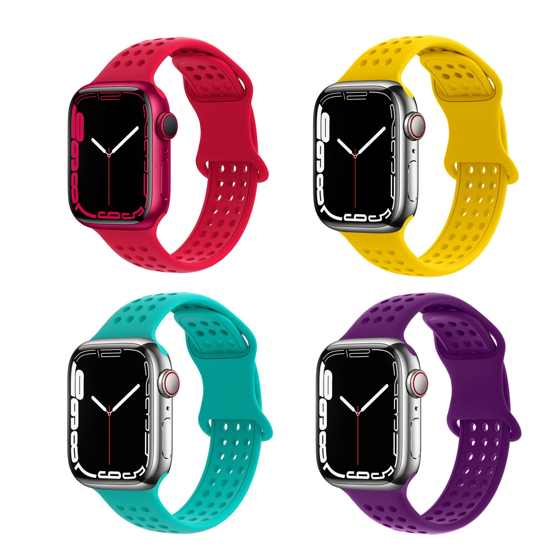 ANEW 4 Pack Sport Bands for Apple Watch 40mm 38mm 41mm 42mm 44mm 45mm 49mm - Soft Silicone Replacement Straps Compatible with iWatch Series Ultra 8 7 6 5 4 3 SE - Waterproof Lightweight Bands for Women & Men - Perfect for Gym, Running, Swimming & Daily Wear