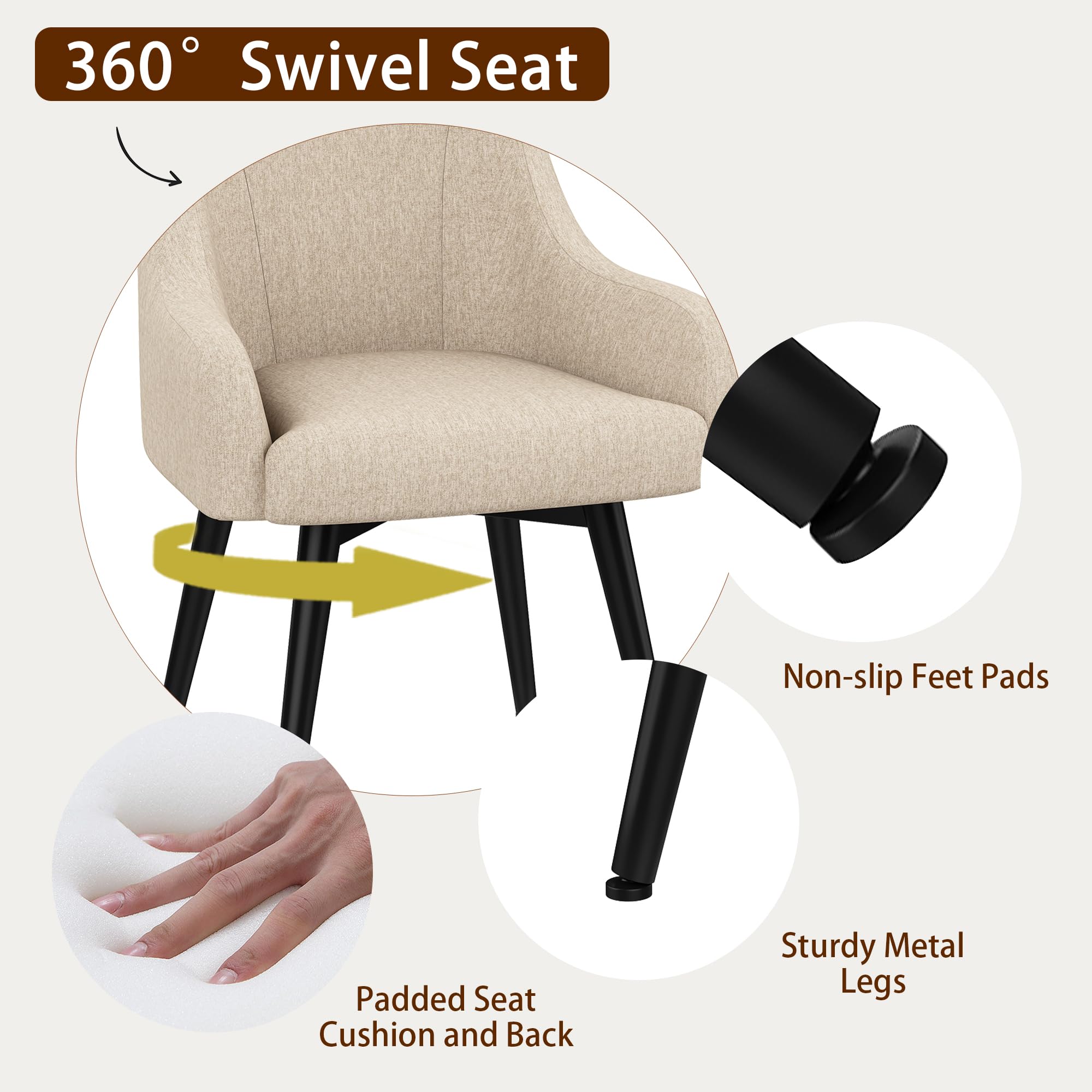 Yongchuang 2-Piece Swivel Dining Chairs with Arms - Upholstered Modern Accent Armchairs for Living Room, Office & Desk - Beige Home Furniture | Perfect for Dining Rooms, Home Offices & Lounge Areas