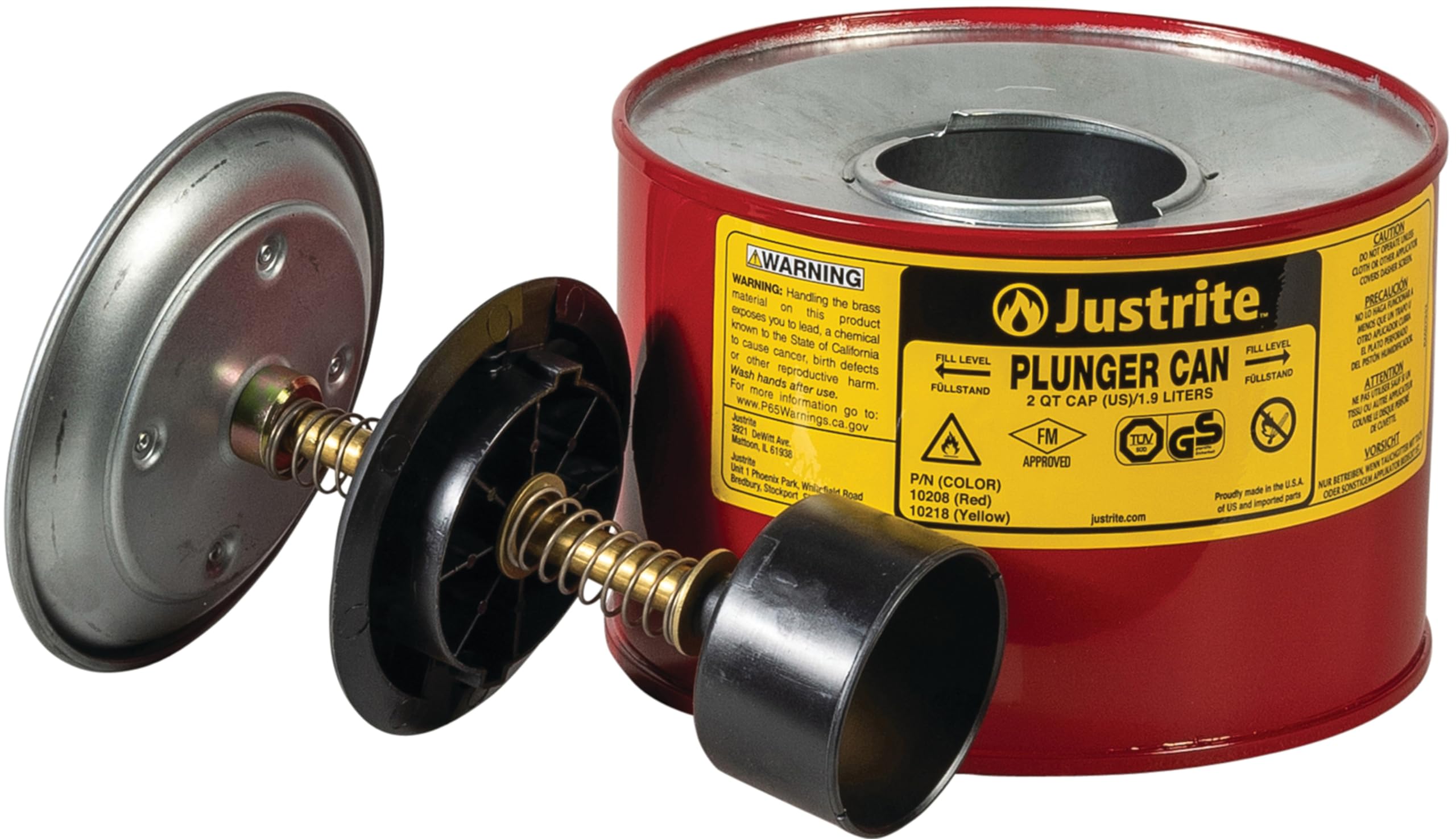 Justrite 2-Quart Steel Push-Down Solvent Dispenser Can - Industrial Solvent Storage & Dispensing Solution for Workshops & Garages | Made in USA | Red (Model 10208) | Ideal for Automotive, Painting & Industrial Cleaning Applications
