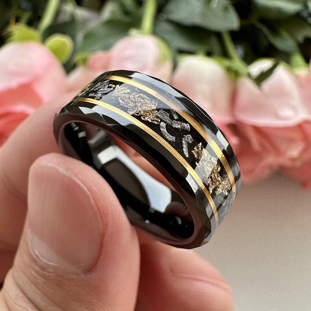 8mm Silver Black Gold Tungsten Rings for Men & Women - Meteorite Chips, Gold Foil & Galaxy Opal Inlay - Comfort Fit Wedding Band, Engagement & Promise Ring - Perfect for Anniversaries, Proposals & Everyday Wear