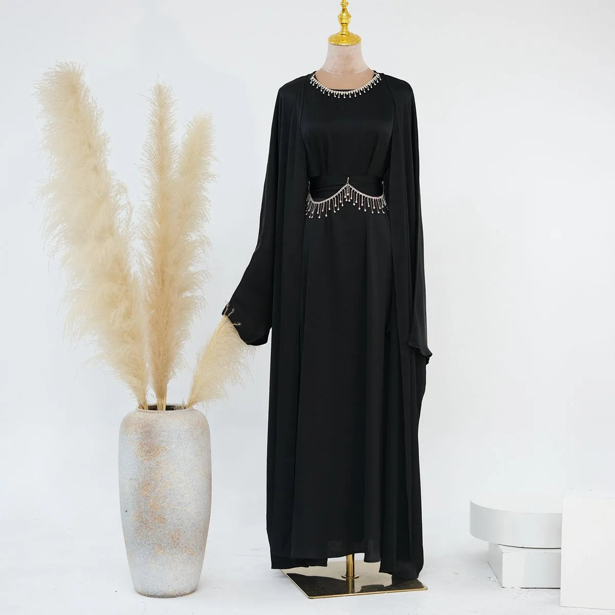 Wrinkle-Free Satin 2-Piece Open Abaya Dress Set #24806 - Elegant Muslim Prayer Dress for Women, Perfect for Special Occasions & Daily Wear