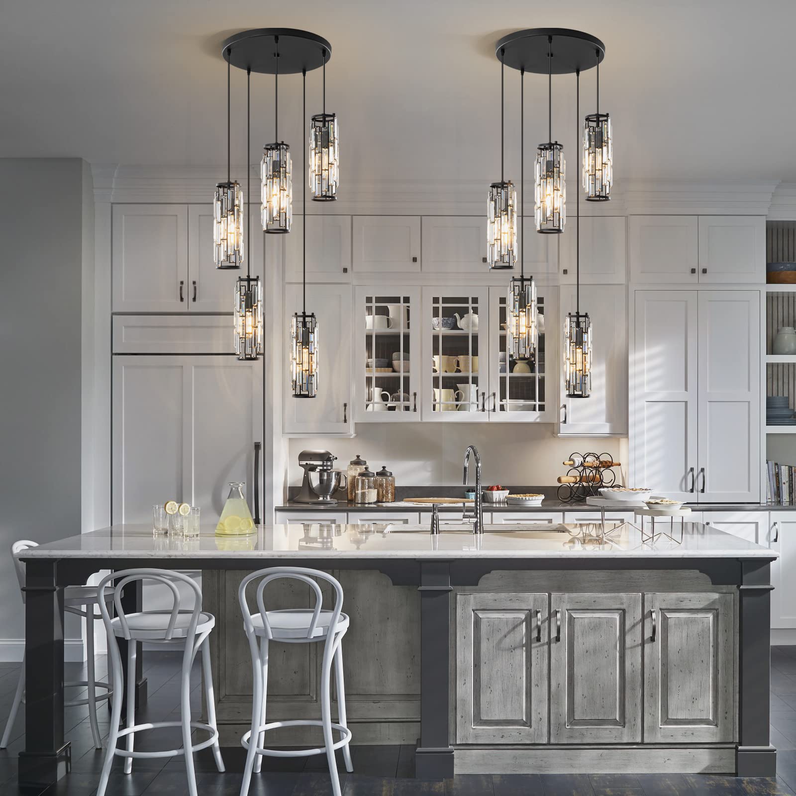 LMQNINE Modern Black Pendant Light Fixture - Adjustable 5-Light Mini Crystal Chandelier for Kitchen Island, Dining Room, Bedroom - Elegant Ceiling Lighting for Home Decor & Interior Design (Black 5-Light)