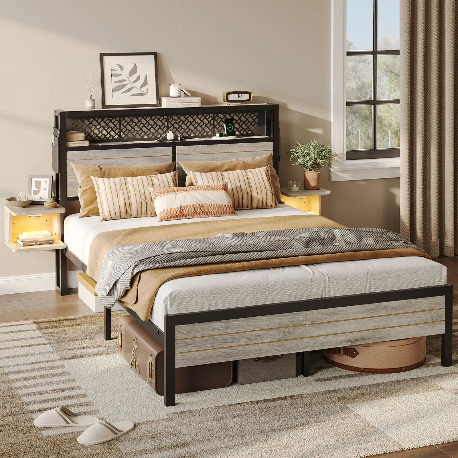 Bestier Full Bed Frame with Horizontal Golden Stripe Storage Headboard - Sturdy Metal Platform Bed with Underbed Storage Space - Perfect for Small Bedrooms, Guest Rooms & Dormitories