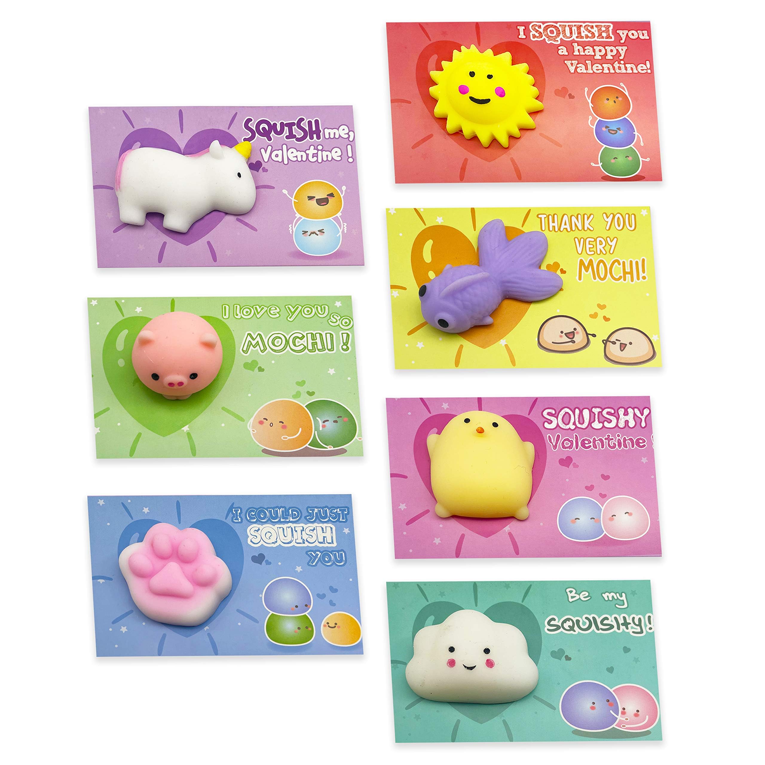 28 Pack Valentine's Day Gift Cards with Adorable Kawaii Mochi Squishy Toys - Perfect for Kids, School Classroom Valentine Exchange, Party Favors & Greeting Cards - Stress Relief & Fun Sensory Play
