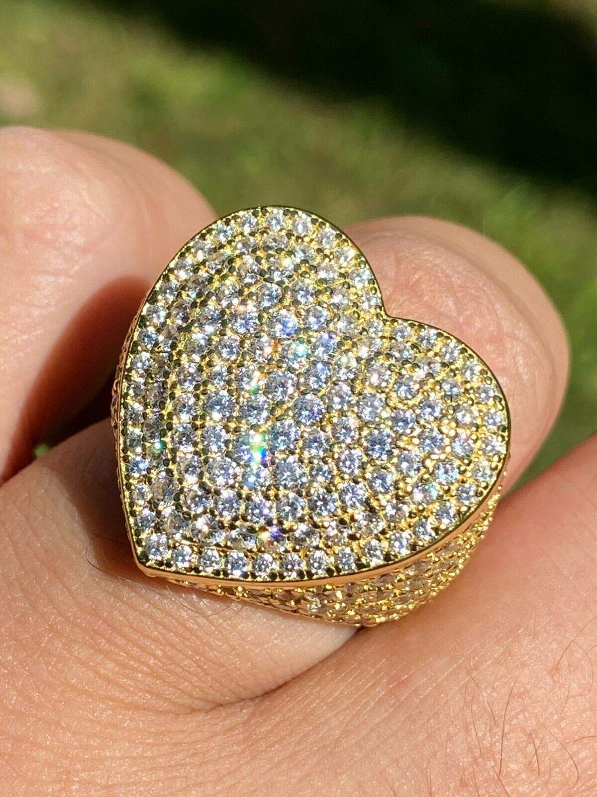 14K Gold Plated 925 Sterling Silver Heart Shaped Hip Hop Iced Out Ring with Cubic Zirconia - Size 7-13 - Perfect for Valentine's Day, Anniversary Gifts & Streetwear Fashion