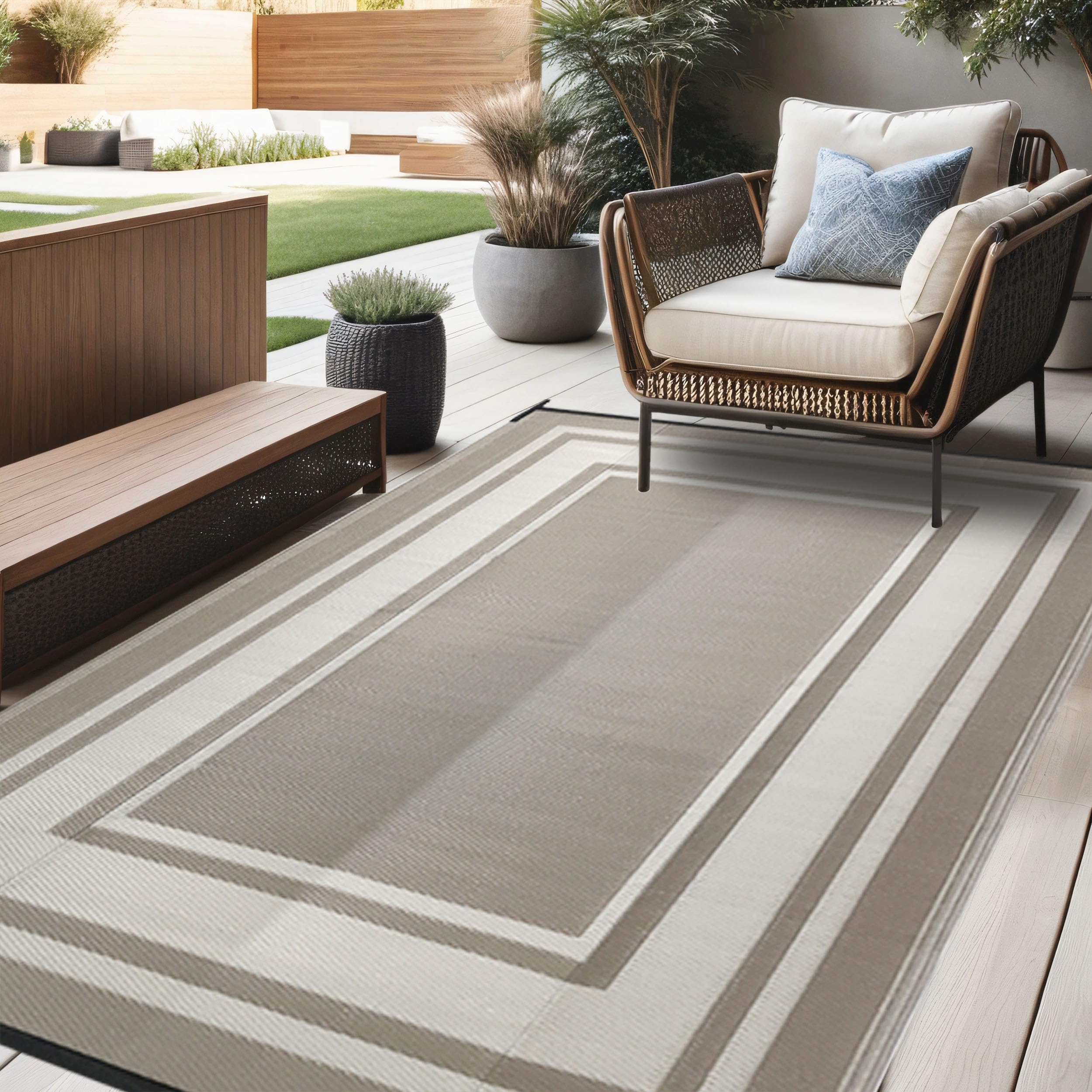 RURALITY 5x8 Outdoor Rugs - Waterproof Reversible Patio Mat for Deck, Porch, Backyard & Balcony - Durable Plastic Straw Geometric Design - Perfect for Outdoor Entertaining, Lounging & Decor