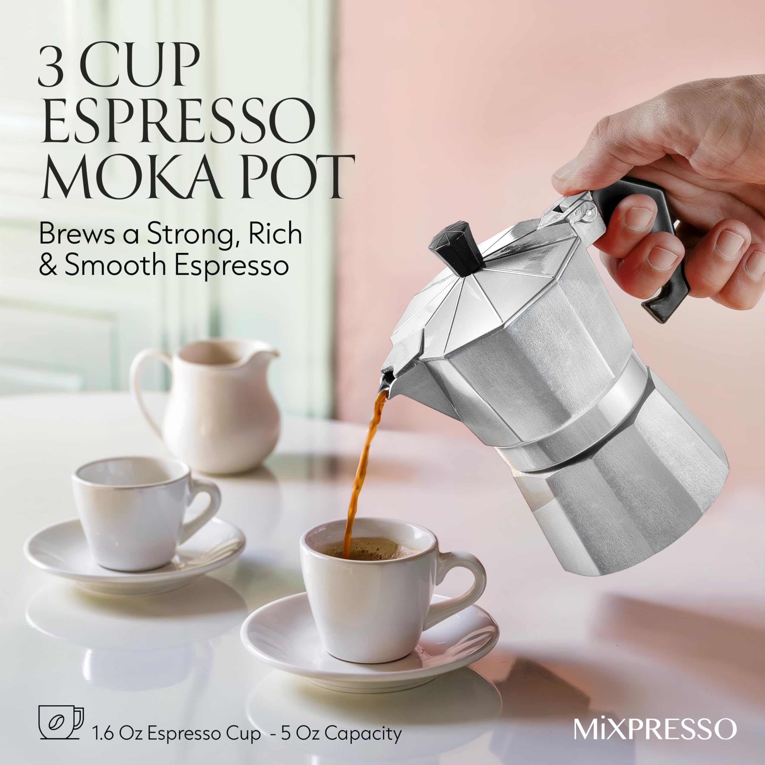 Mixpresso 3-Cup Stovetop Espresso Maker - Italian Moka Pot for Gas & Electric Stoves, Perfect for Home, Office & Camping - Brews 5oz Rich Cuban Coffee & Espresso