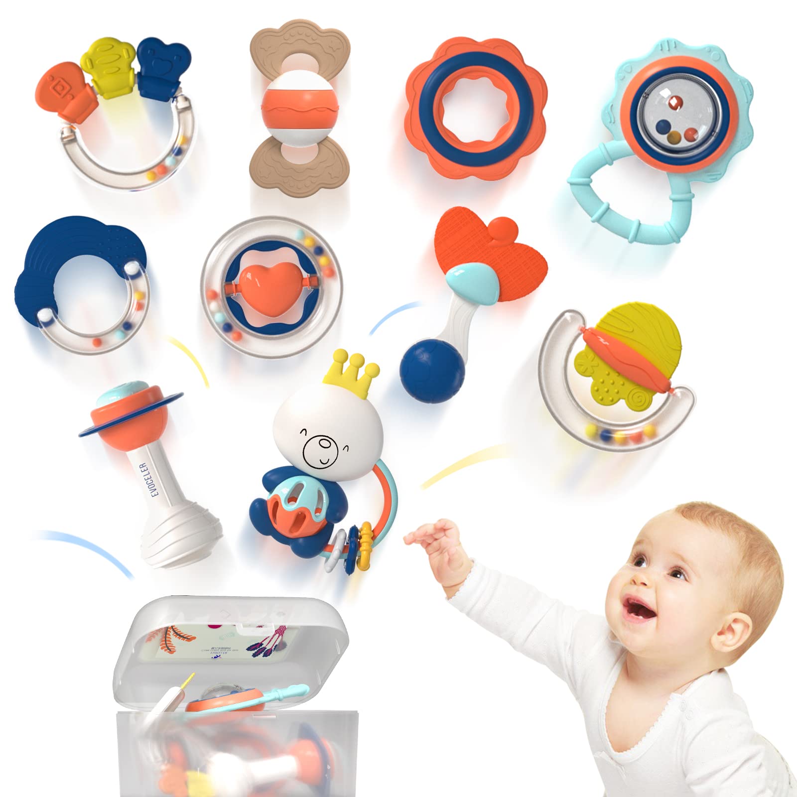 Evoceler Baby Teething Toys for 0-12 Months - 10 Pcs Silicone Teether Rattle Set for Infants | Safe Chew Toys for Soothing Sore Gums | Perfect Newborn Gift for Baby Showers & First Birthday