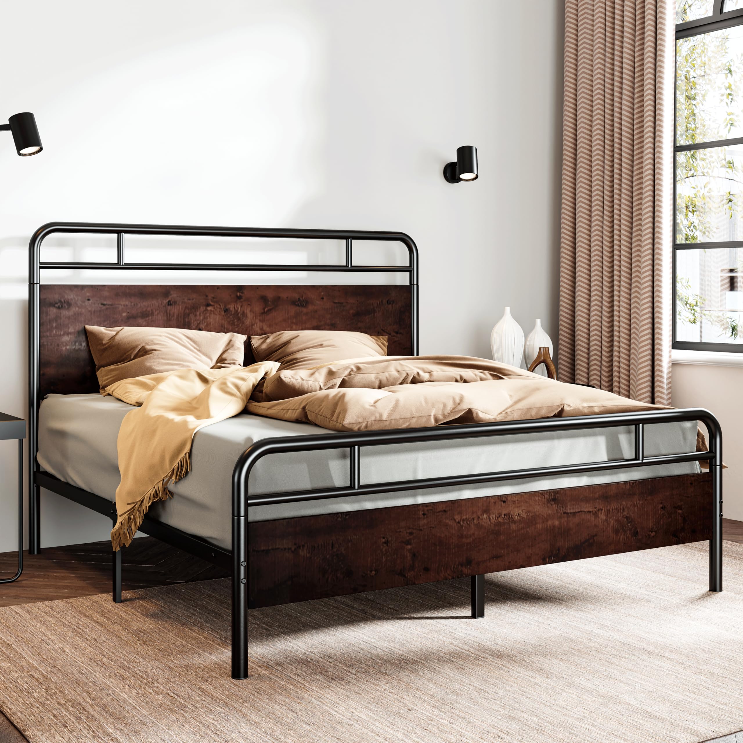 SHA CERLIN Queen Size Bed Frame with Wooden Headboard & Footboard - Sturdy Metal Frame with Rounded Corners, Heavy Duty Slats & Under-Bed Storage - No Box Spring Required - Mahogany Finish - Perfect for Master Bedrooms, Guest Rooms & Small Spaces