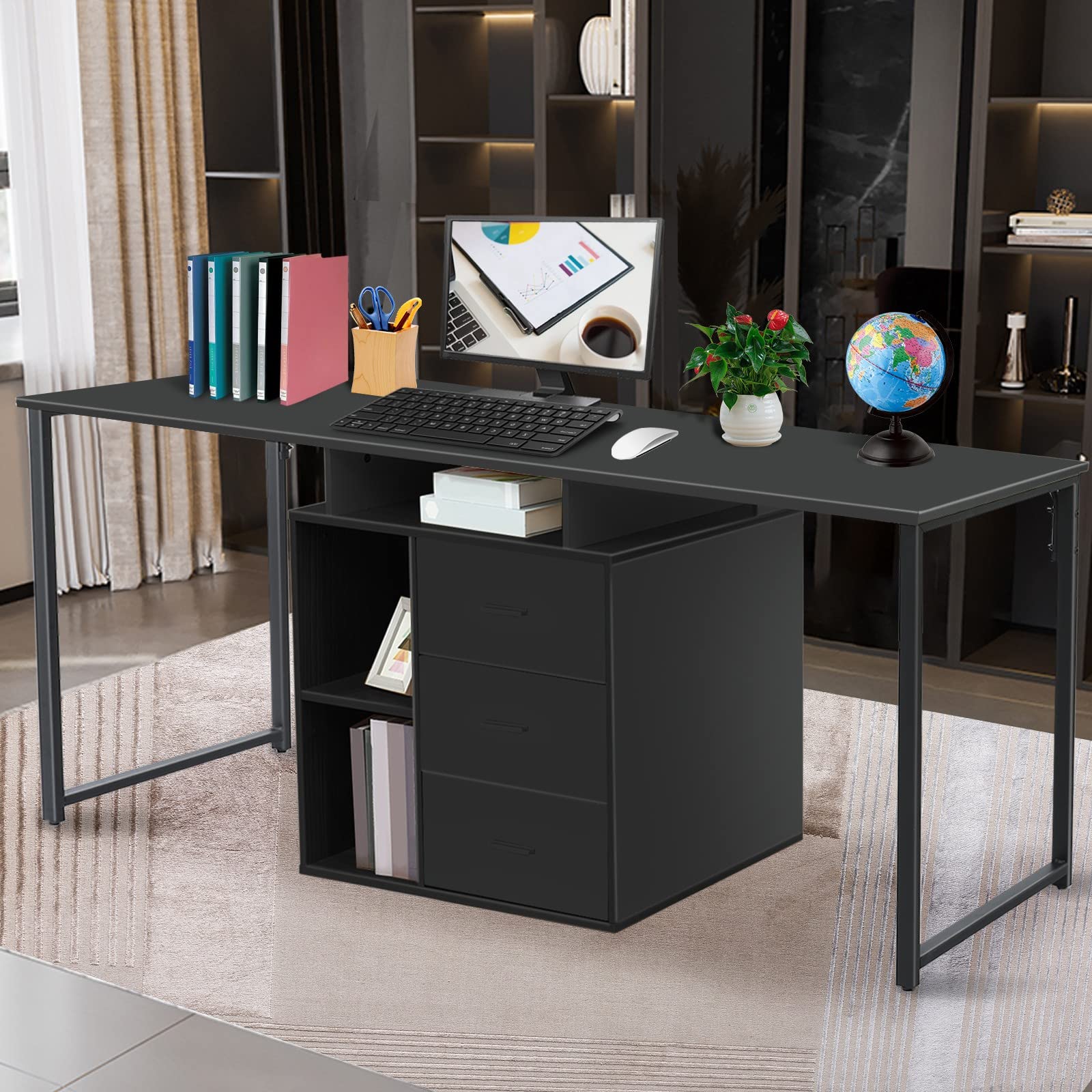 87-inch L-Shaped Computer Desk with Storage - Double Workstation with 3 Drawers & 2 Shelves, Spacious Writing Desk for Home Office - Perfect for Gaming, Remote Work & Study Setup