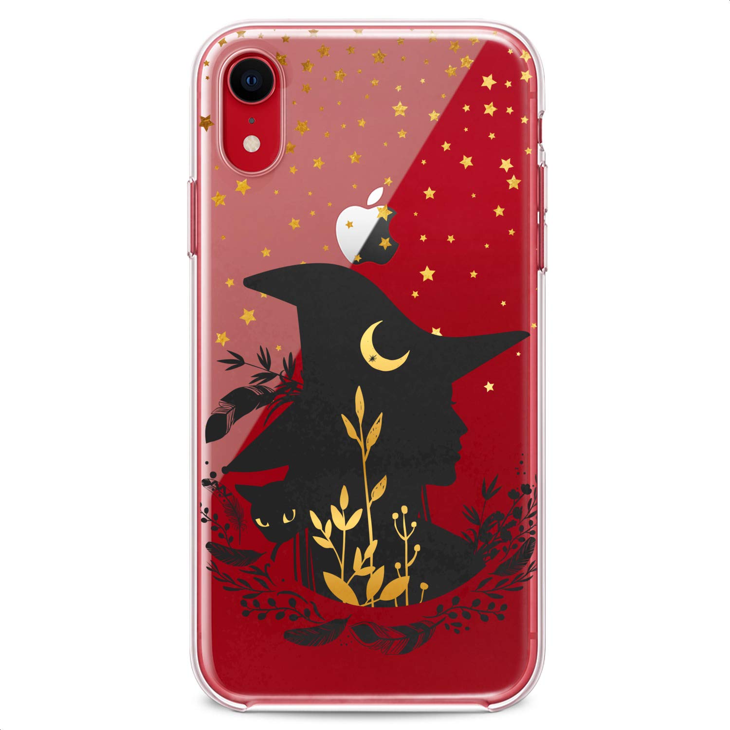 Bohemian Witch Clear Night TPU Phone Case for iPhone 16/15/14/13/12/11 Pro Max/Plus/Mini/XS/XR/X/8+/7/6/5/SE - Magical Cute Slim Golden Stars & Black Cat Design Flexible Silicone Cover | Perfect for Women's Fashion, Daily Protection & Gift Giving