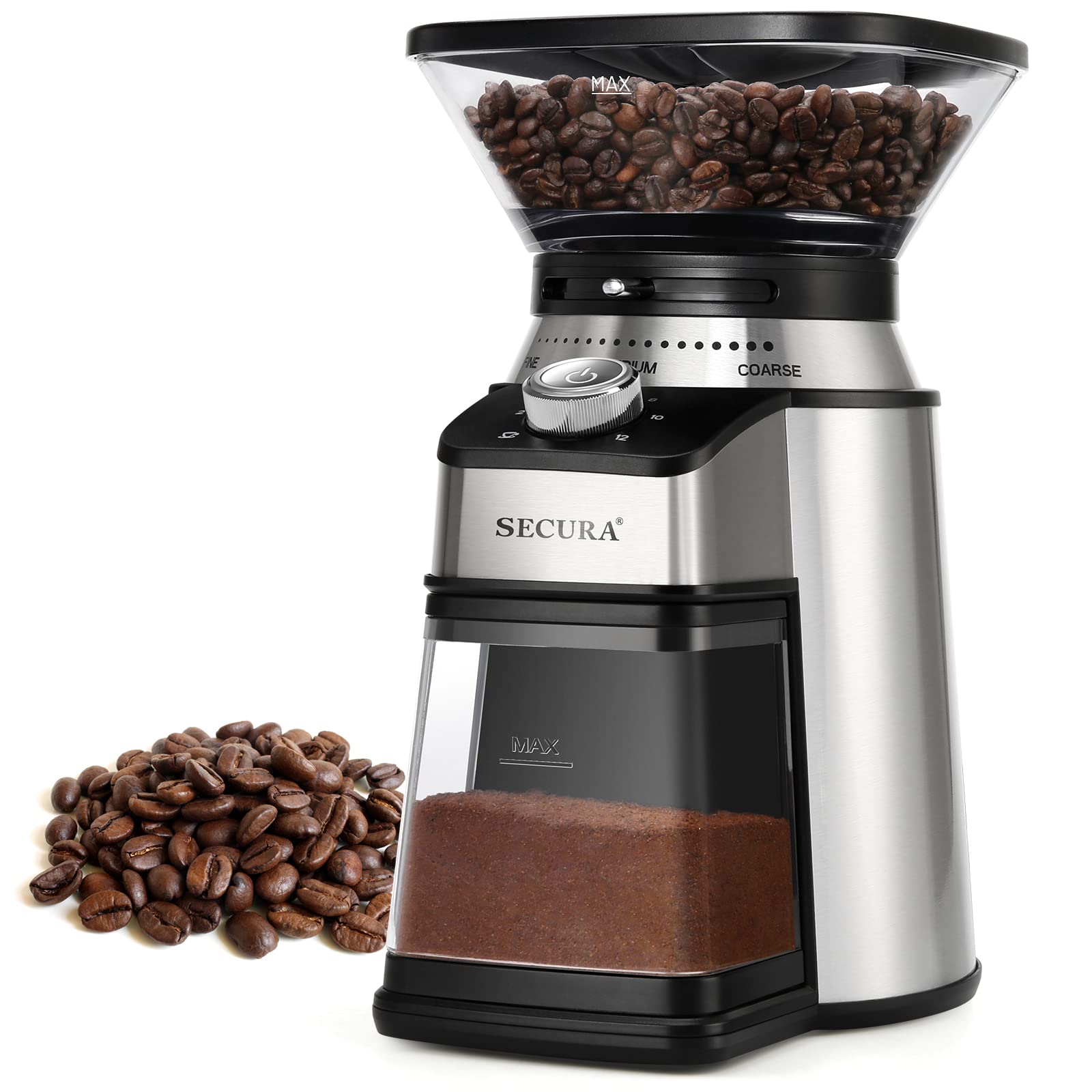 Secura Conical Burr Coffee Grinder - Electric Stainless Steel Coffee Bean Grinder with 17 Precise Grind Settings (Coarse to Fine) for French Press, Drip Coffee, Espresso & More - Perfect for Home, Office & Coffee Shops