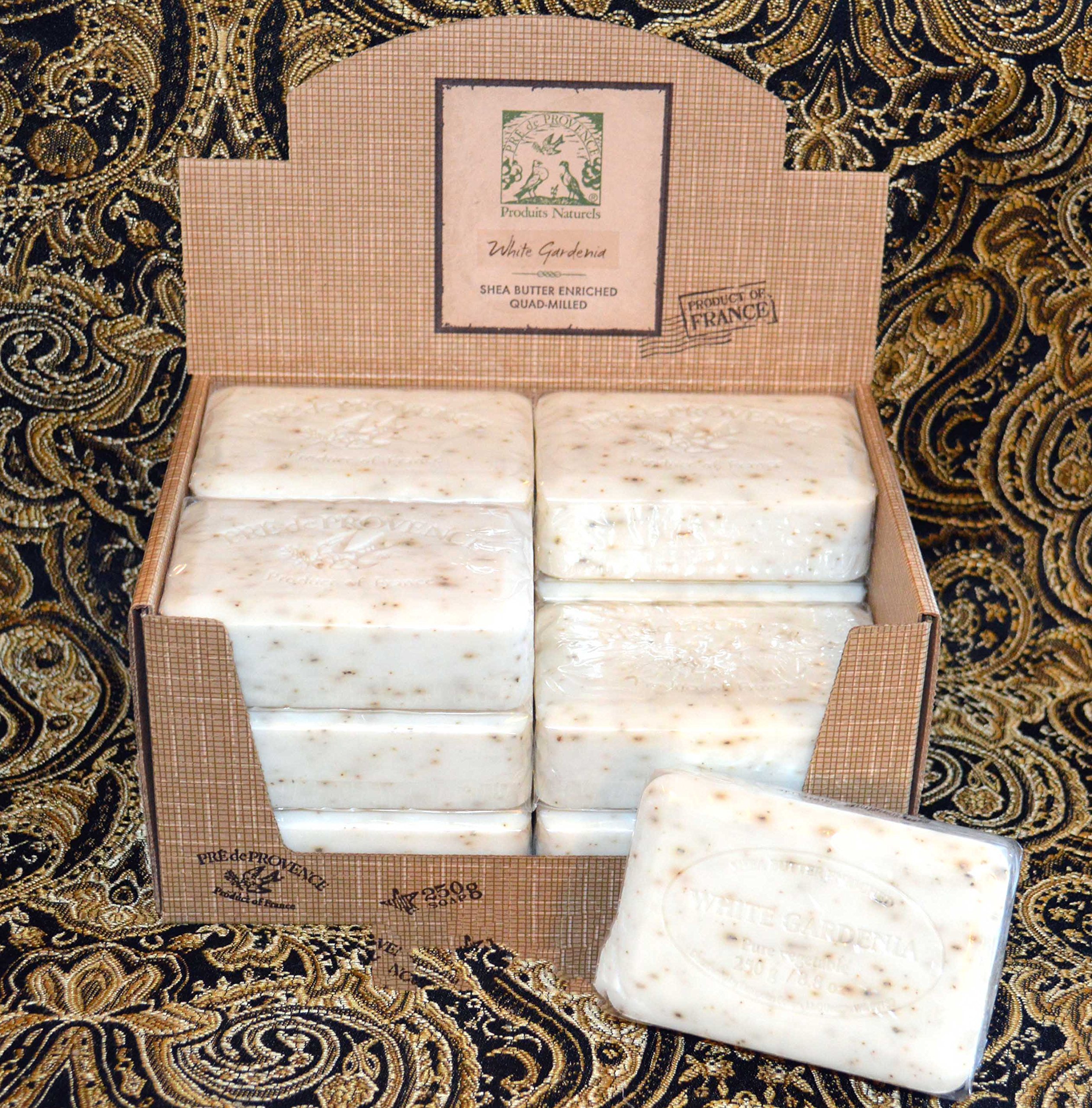 Pre de Provence 250g White Gardenia Shea Butter Enriched Quad Milled Soap - 12 Bars Case | Luxury French Soap for Bath, Shower & Gift Giving