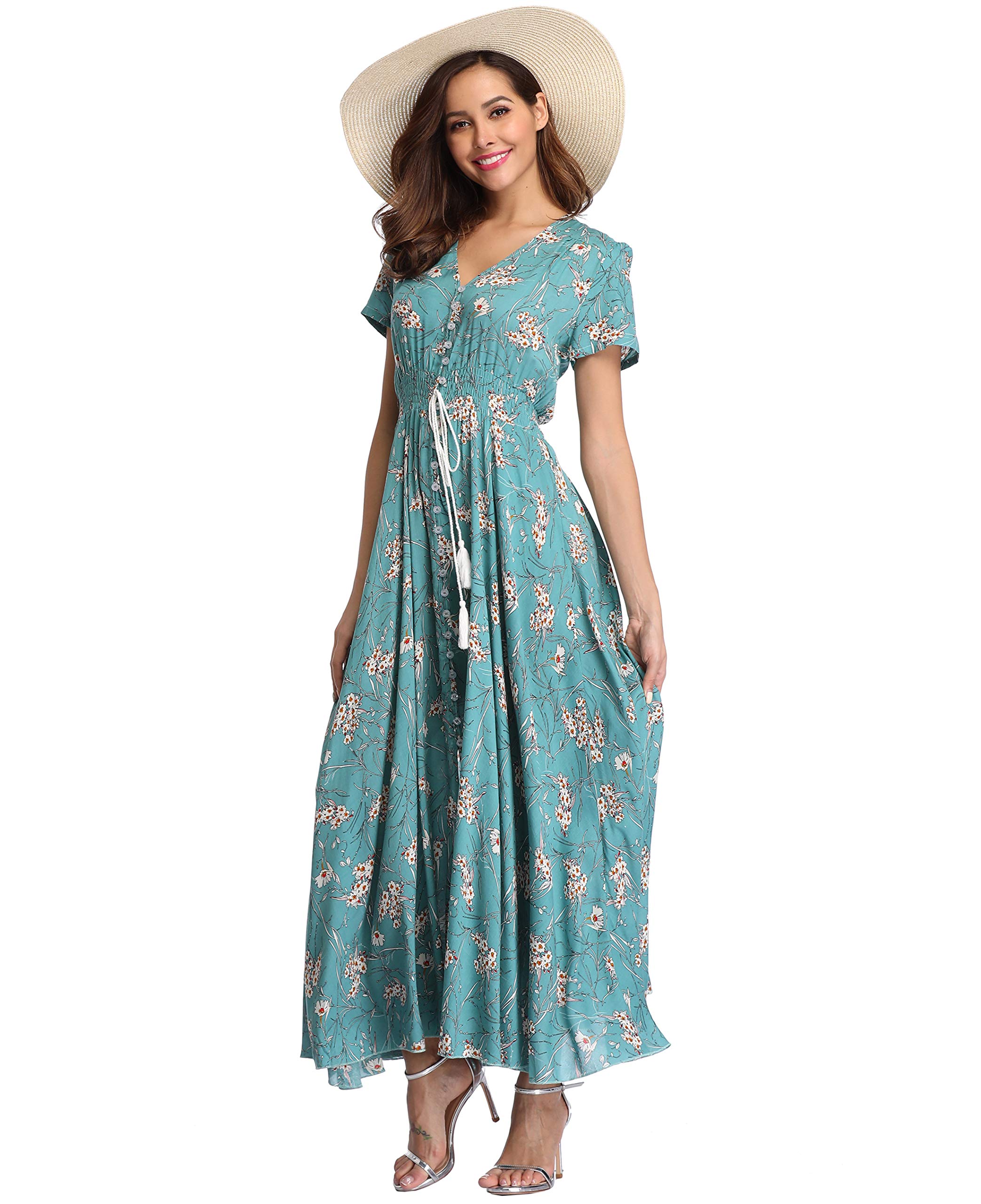 Ferrendo Women's Floral Maxi Dress - Button Up Boho Beach Dress with Side Slit & Flowy Design for Summer Parties, Vacations & Date Nights