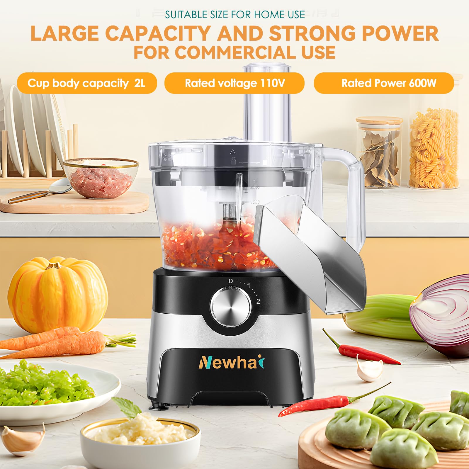 Newhai 5-in-1 Electric Food Processor - 600W Commercial Vegetable Dicer, Slicer, Shredder, Spring Onion Cutter & Meat Grinder with 4 Stainless Steel Blades (110V) - Perfect for Restaurants, Catering & Home Kitchen Meal Prep
