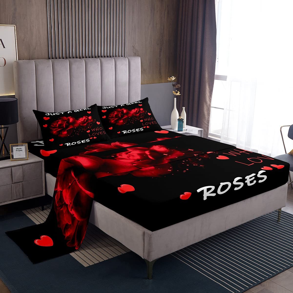 Girls Rose Floral Bed Sheet Set - Twin Size with 1 Pillowcase | Red Rose Botanical Print Bedding for Women & Kids | Romantic Flower Decor for Bedroom, Nursery, or Dorm Room