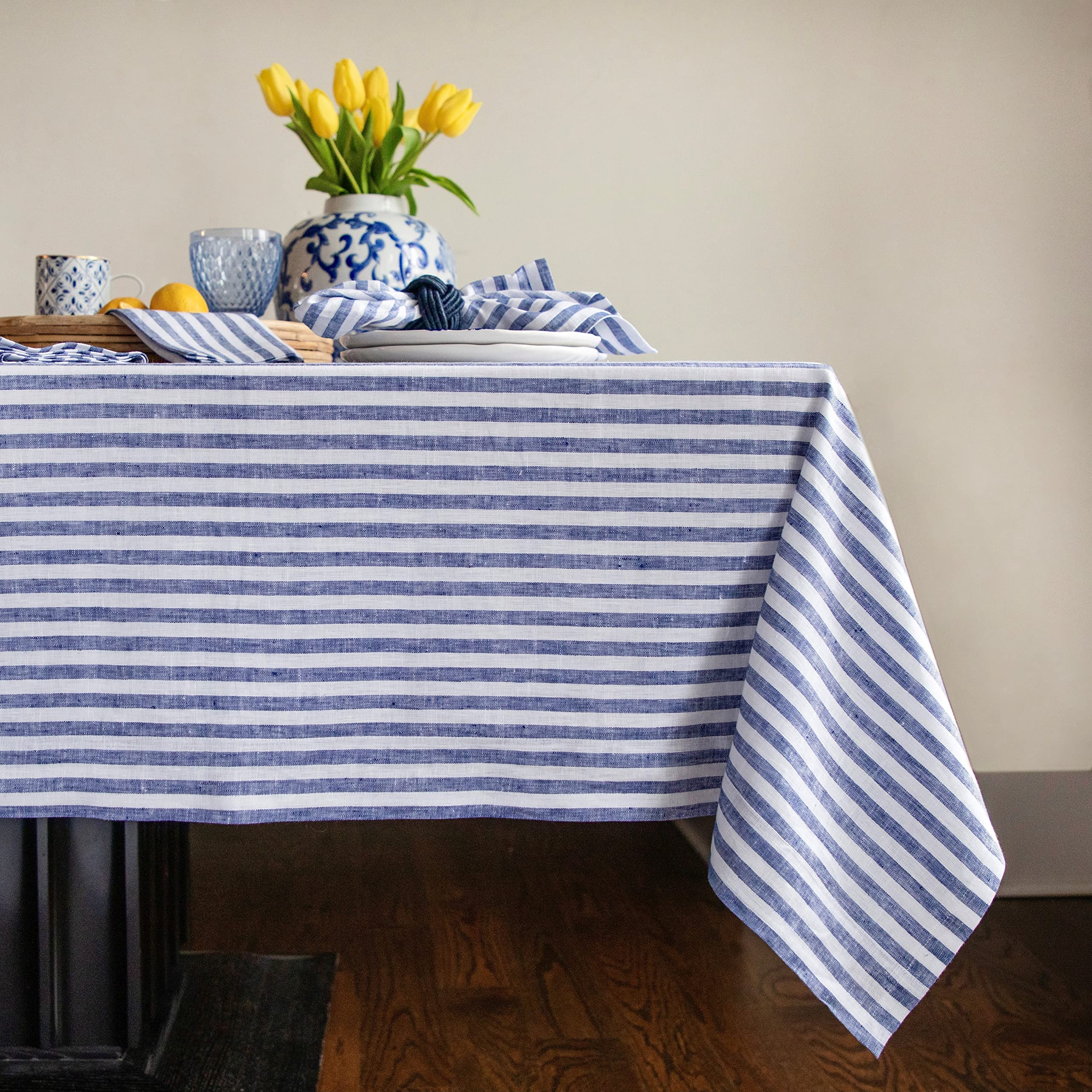 Solino Home 100% Pure Linen Tablecloth 60x108 Inch - Navy & White Striped Dining Table Cloth for Spring, Easter, Mother's Day Decor - Handcrafted, Machine Washable - Perfect for Farmhouse, Coastal, and Rustic Dining Room Decorations
