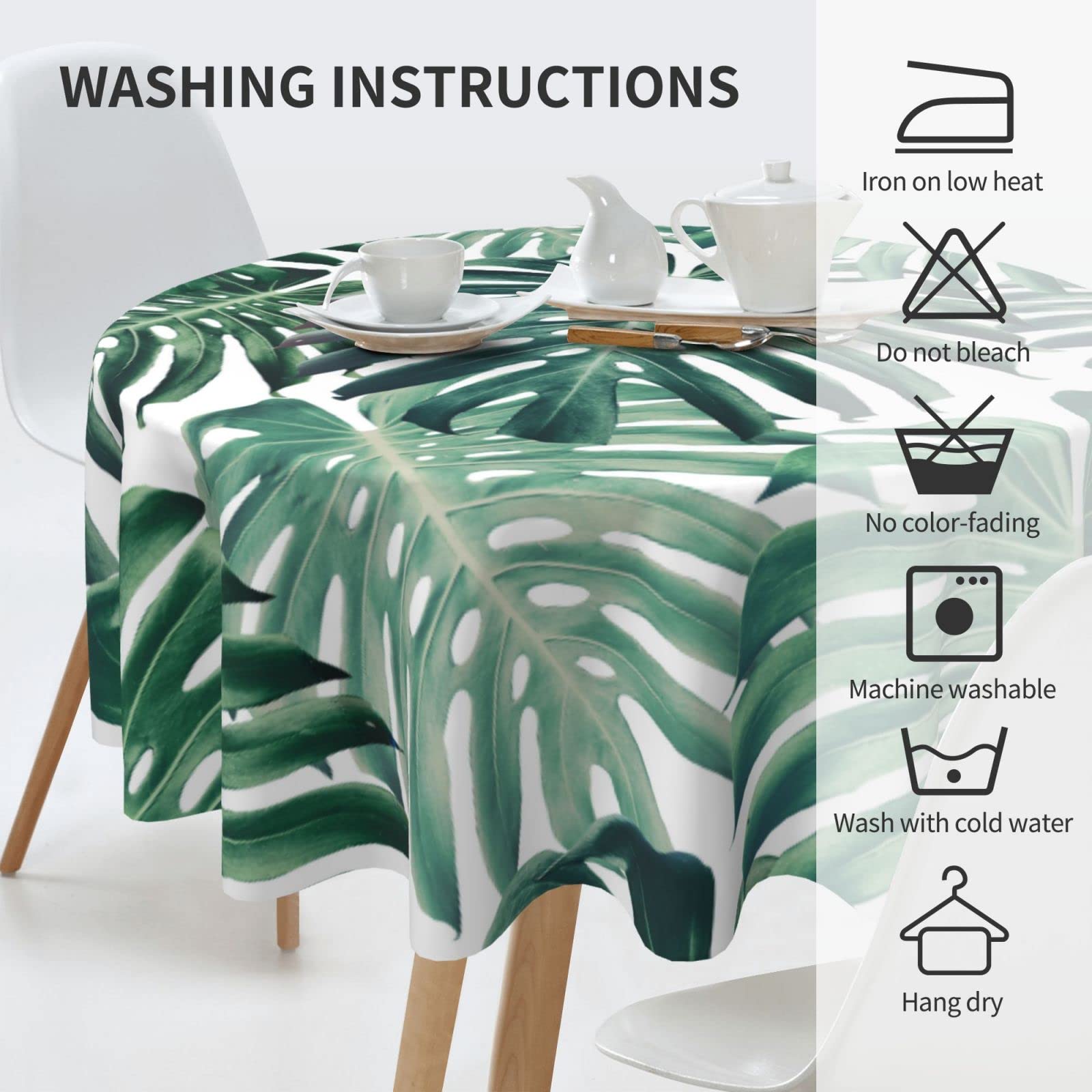 Waterproof Monstera Palm Leaf Round Tablecloth - 60 Inch Washable Fabric Table Cover for Kitchen, Dining Room, Party & Picnic - Tropical Decor for Indoor and Outdoor Use