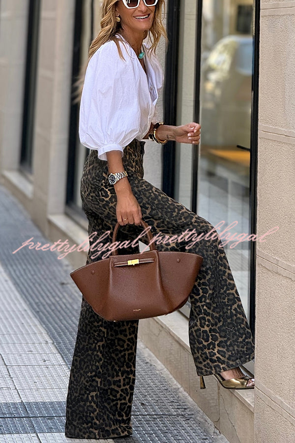 Wild Feel Denim Leopard Print High Rise Wide Leg Pocketed Jeans for Women - Trendy Vintage 90s Style Distressed Jeans for Casual Outfits, Streetwear & Night Out