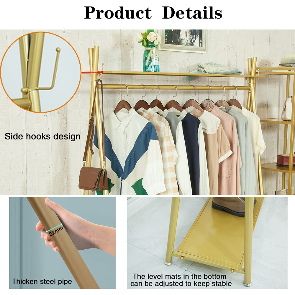 MAIKAILUN Heavy Duty Freestanding Industrial Gold Clothes Rack with Double Shelves - 47 Inch Movable Coat Rack for Organizing Clothes, Shoes, Jackets - Perfect for Bedroom, Closet, Laundry Room or Retail Store Display