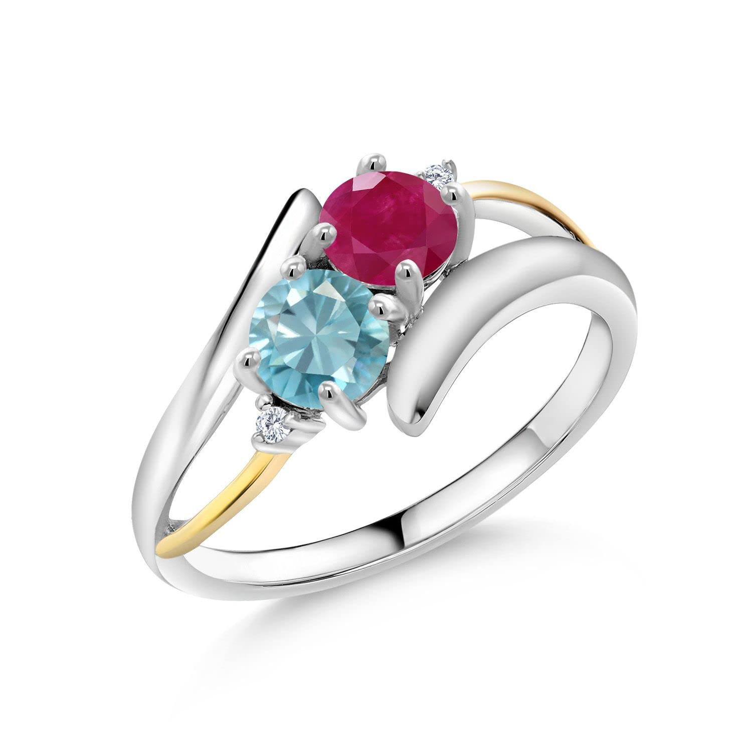 1.42 Ct Natural Round Red Ruby & Blue Zircon Ring in 925 Sterling Silver & 10K Yellow Gold - Elegant Birthstone Jewelry for Women, Perfect for Anniversary Gifts & Special Occasions