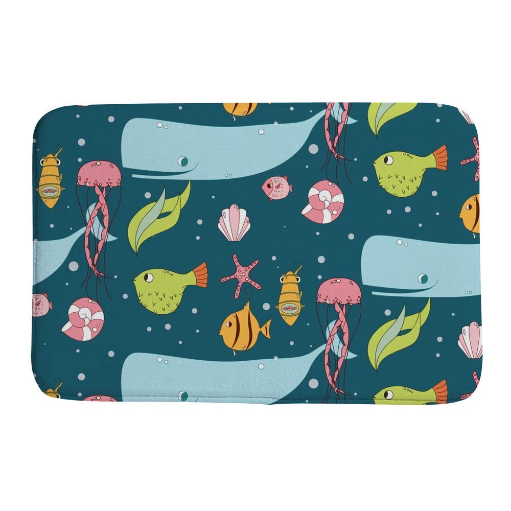 Non-Slip Memory Foam Bath Mat - Soft Rubber Back, Fast Drying & Machine Washable - 36 x 24 Inch Luxury Bathroom Rug with Whale & Jellyfish Design - Perfect for Hotels, Spas & Home Bathrooms