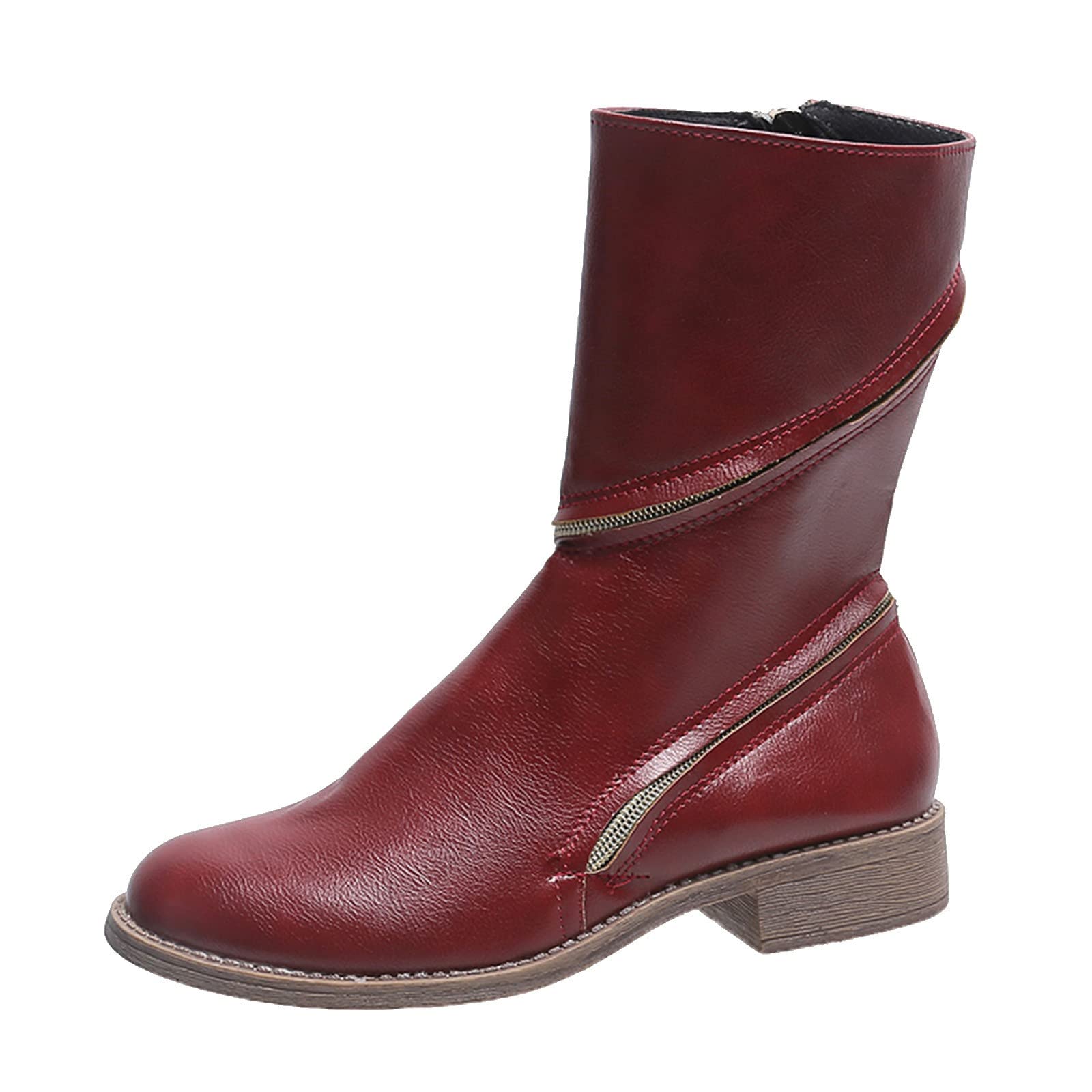 FFENYAN Women's Retro Mid Heel Zip Loop Booties - Pointed Toe Knight Boots with Zipper - Casual Mid-Calf Boots for Fall & Winter Fashion (Office, Date Night, Party)