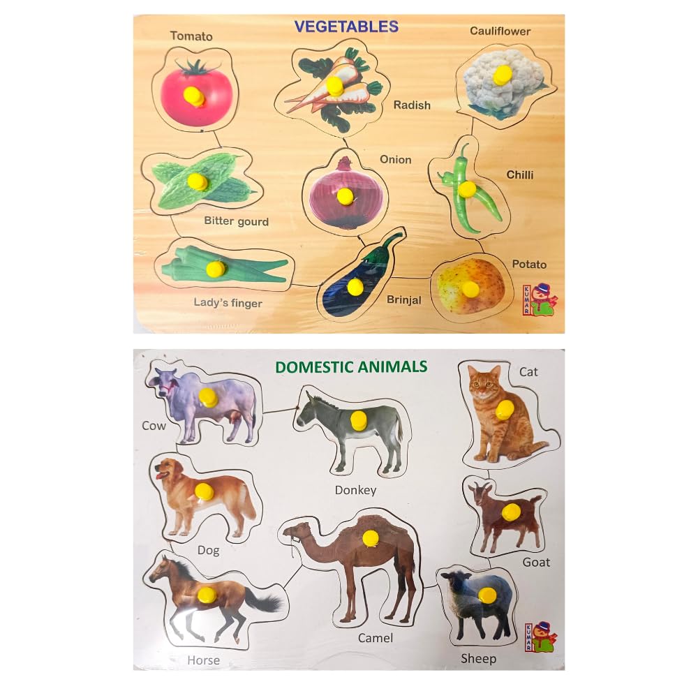 4-Piece Wooden Learning Puzzle Set for Kids & Adults - Educational Toys for Toddlers 3+ (Body Parts, Vegetables, ABCD, Domestic Animals) - Perfect for Homeschooling, Montessori, and Family Game Night