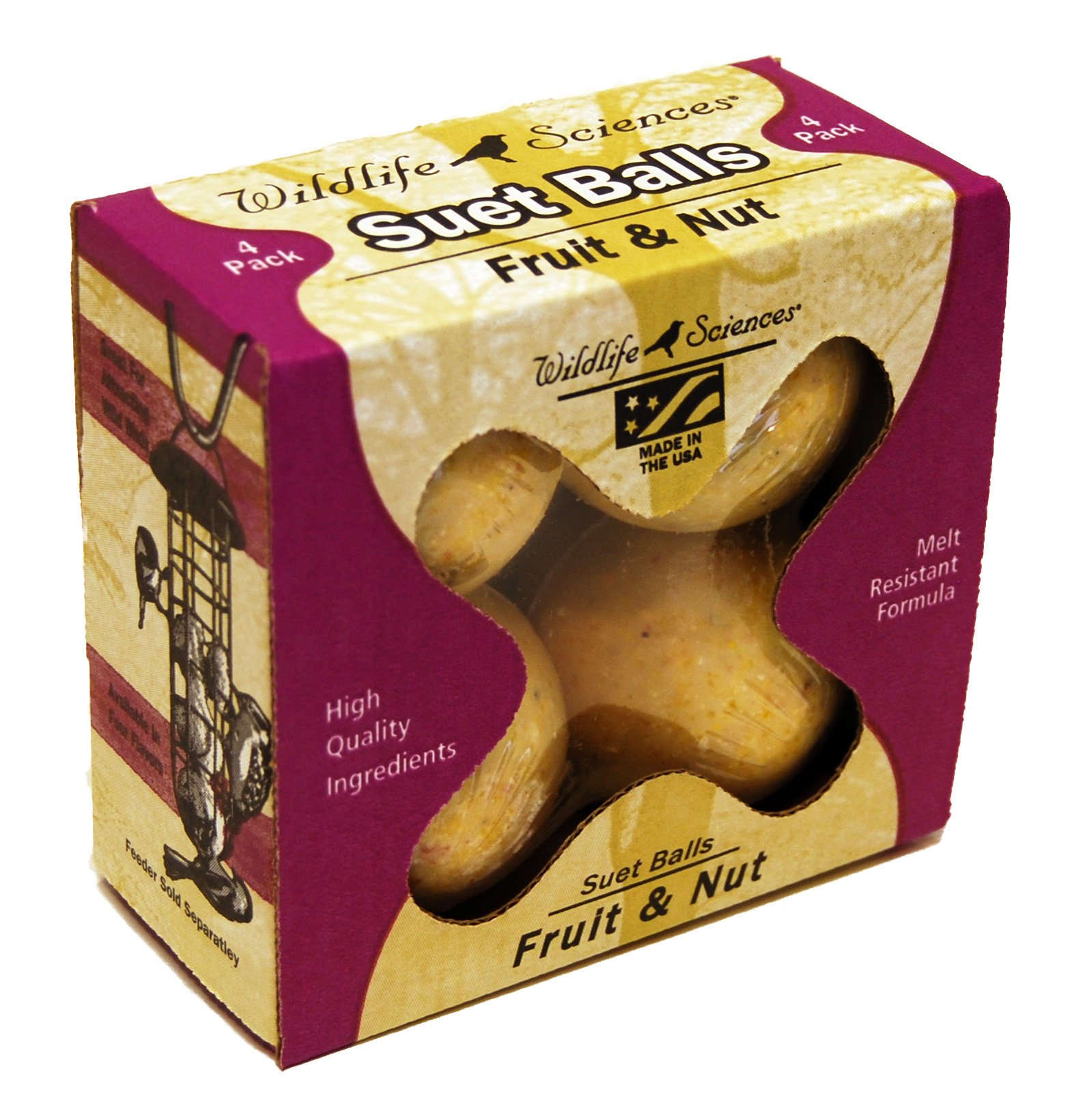 Wildlife Sciences Suet Ball with Fruit and Nut - High Energy Bird Food, 4-Pack - Perfect for Backyard Bird Feeders and Wild Bird Attraction