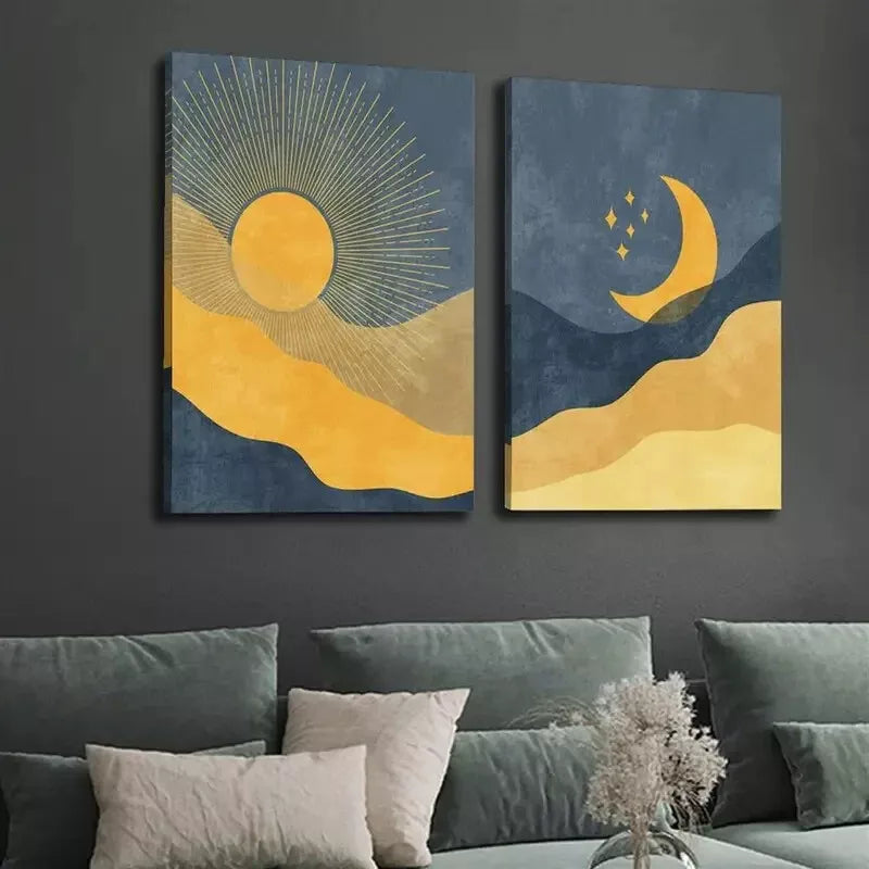 2Pcs Desert Night Scene Celestial Art Sun and Moon Canvas Wall Art - 50x75cm Framed High Quality Print - 100% Australian Made Ready to Hang - Perfect for Living Room, Bedroom & Office Decor