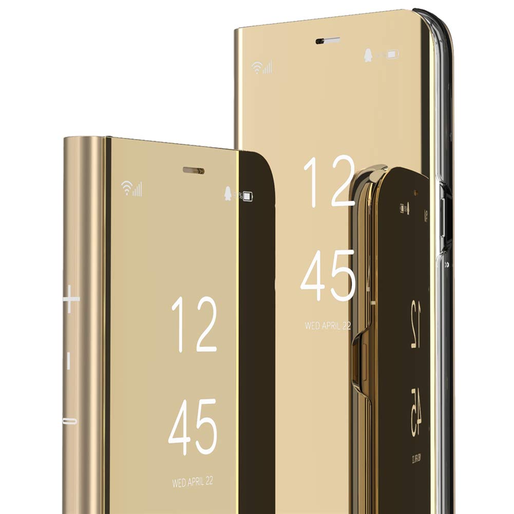 IMIRST Slim Mirror Flip Bookstyle Case for iPhone 13 Pro Max - Shockproof Full Body Protective Cover with Kickstand, Clear View, PU Mirror (Golden) - Perfect for Work, Travel & Daily Use