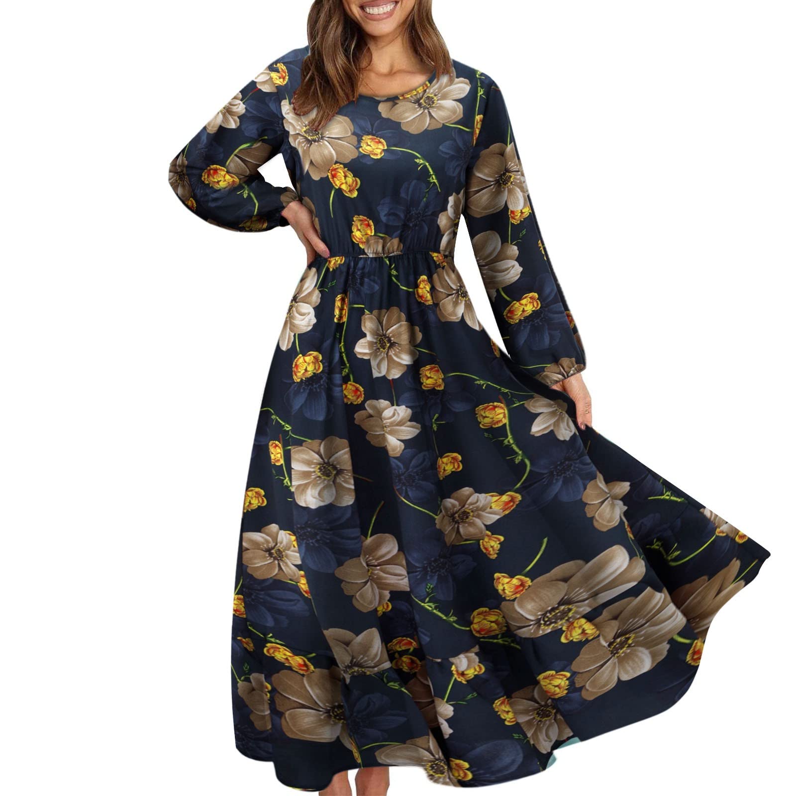 Women's Floral Print Long Sleeve Tiered Ruffle Hem Maxi Dress - Elegant Flowy Flared Long Dress for Spring Summer, Beach Vacation, Date Night & Special Occasions