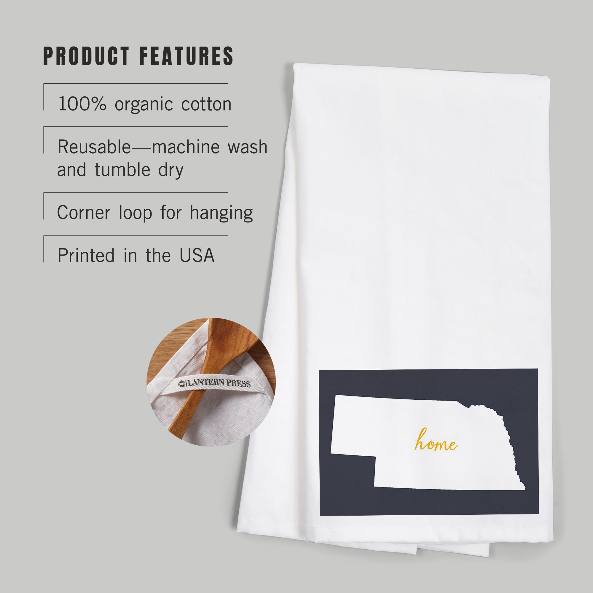 Lantern Press Nebraska Home State White on Gray 100% Cotton Tea Towel - Decorative Hand Towel for Kitchen, Bathroom & Home Decor - Perfect for Gifts, Housewarming & Farmhouse Style