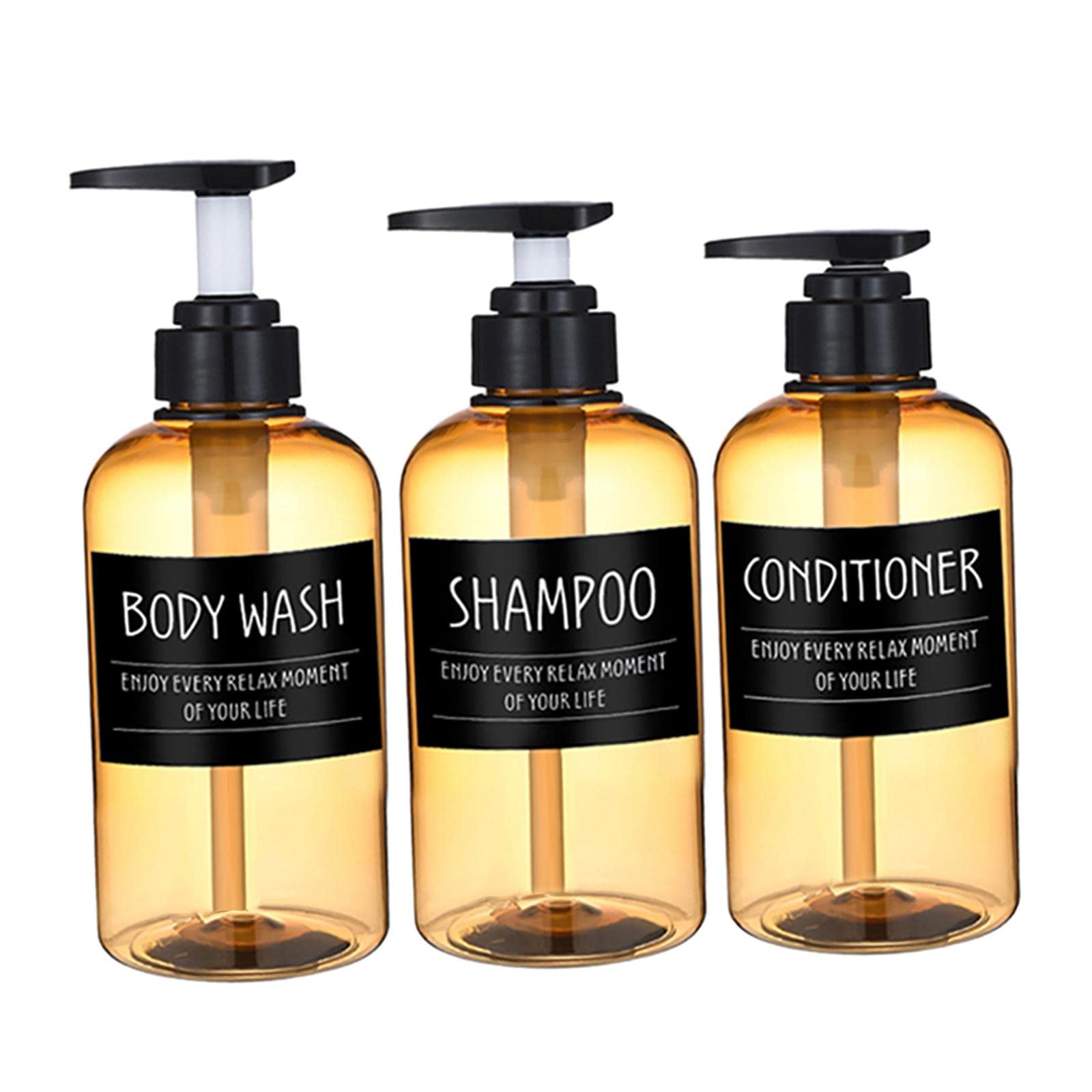 3PC Refillable Shampoo Dispenser Pump Bottles - 300ml Empty Bathroom Containers for Shampoo, Conditioner & Body Wash with Removable Labels (Yellow) - Perfect for Shower Organization & Travel Toiletries