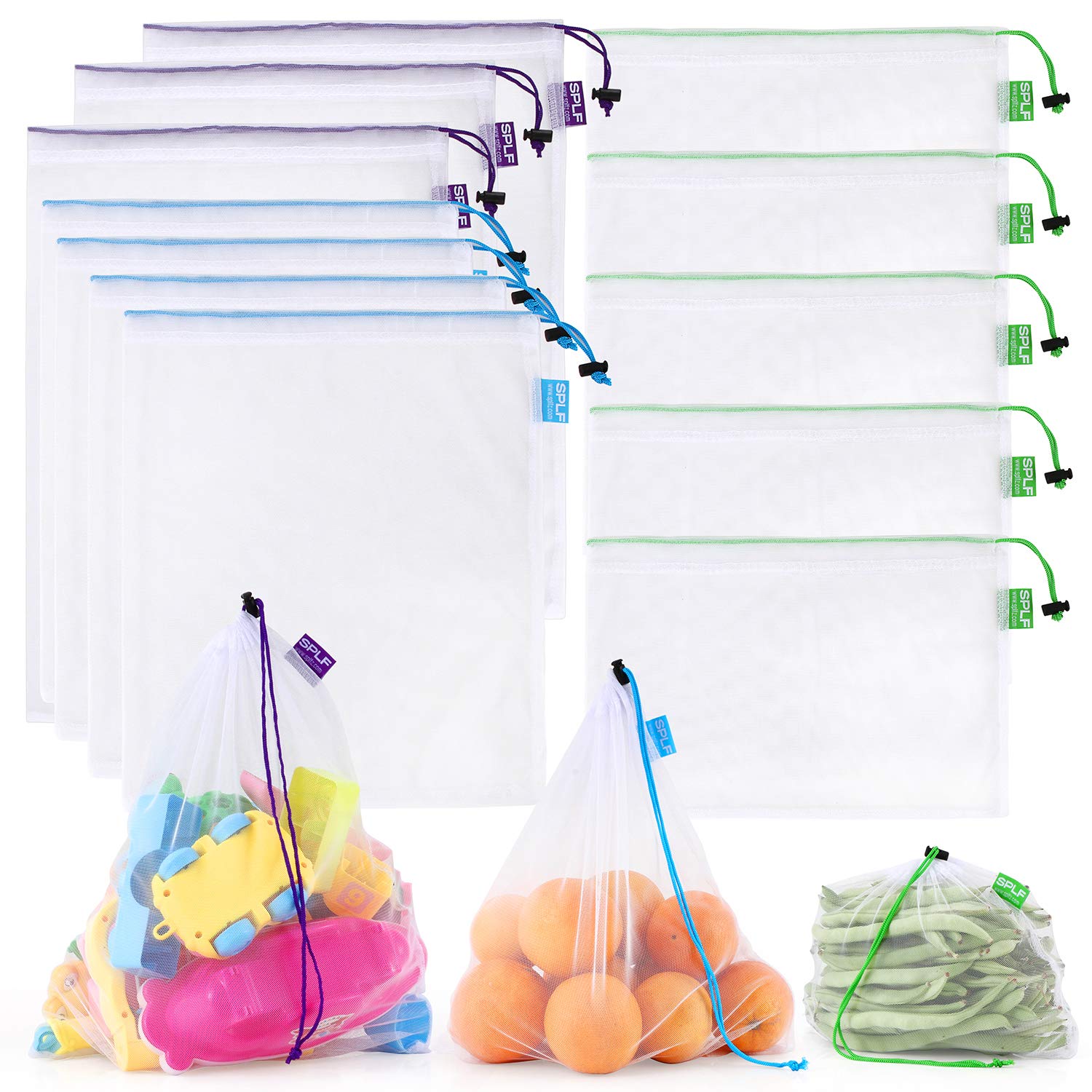 SPLF 12 Pack Heavy Duty Reusable Mesh Produce Bags - Barcode Scanable, Food Safe, See-Through Drawstring Bags for Fruits, Vegetables, Groceries, Toys - Large, Medium, Small Sizes - Perfect for Farmers Market, Supermarket Shopping & Eco-Friendly Storage