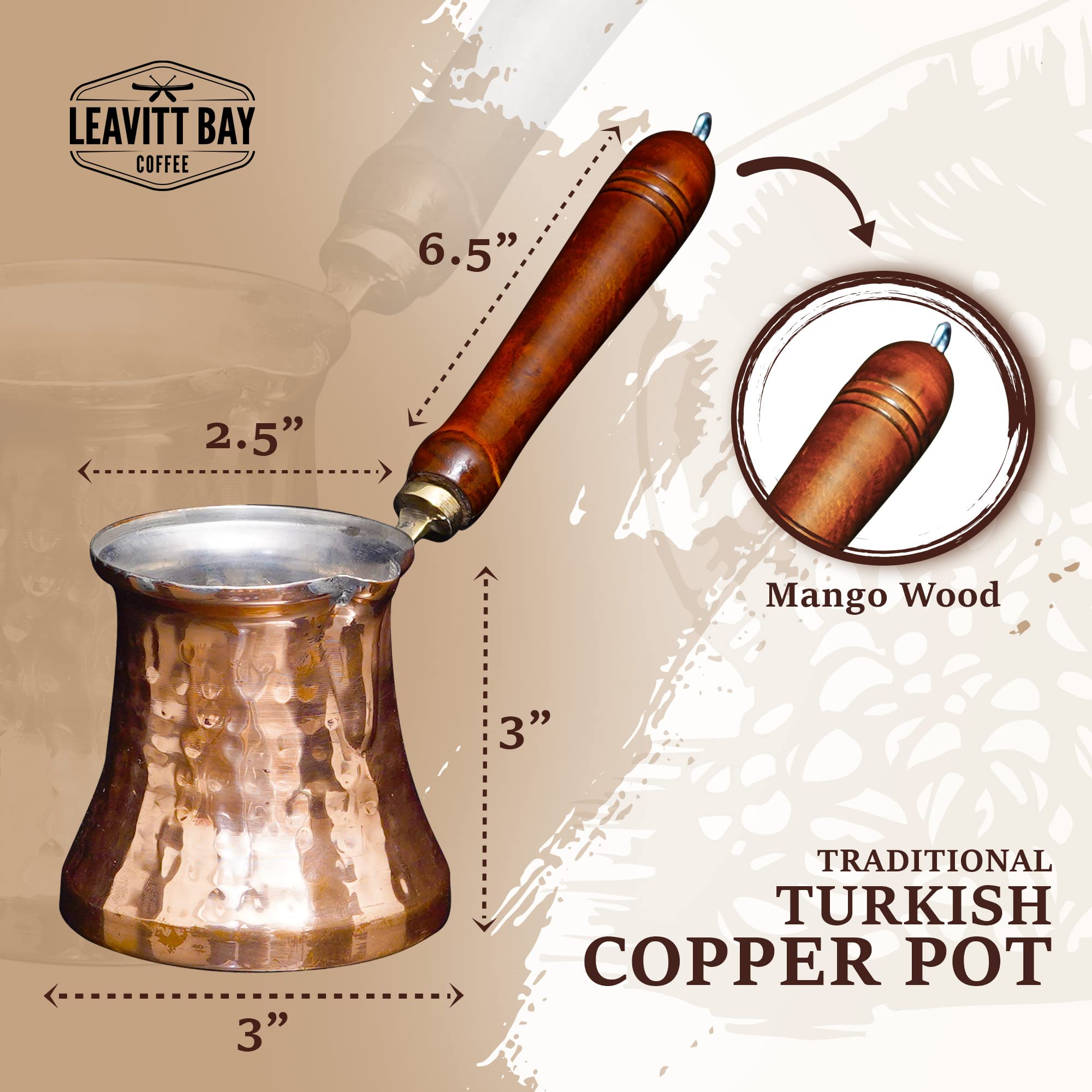 Authentic Hammered Copper Cezve Turkish Coffee Pot with Wooden Handle - Traditional Turkish & Greek Coffee Maker - Perfect Gift for Coffee Lovers - Ideal for Home Brewing, Camping & Turkish Coffee Ceremonies