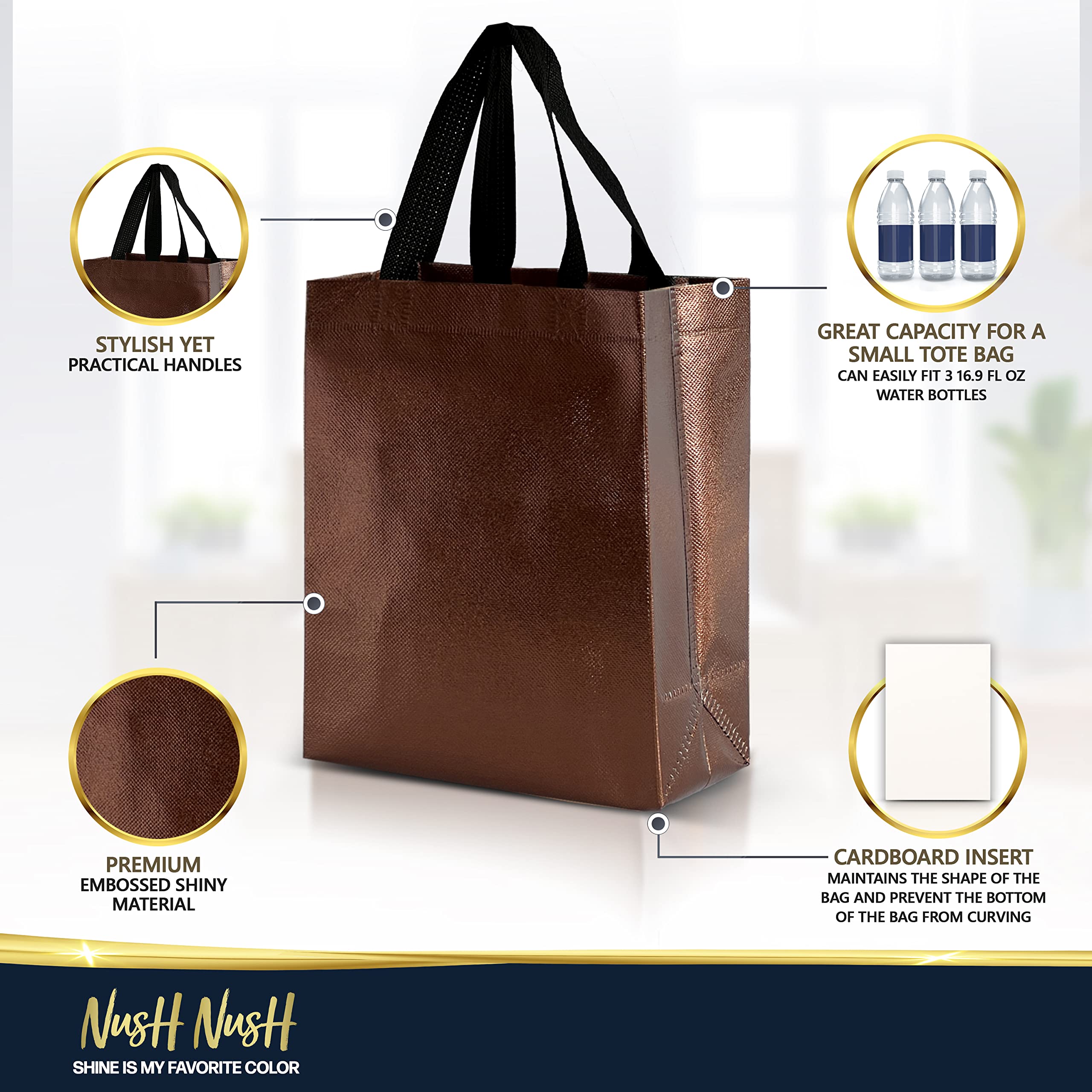 Nush Nush Chocolate Gift Bags - Set of 12 Reusable Brown Party Favor Bags (8