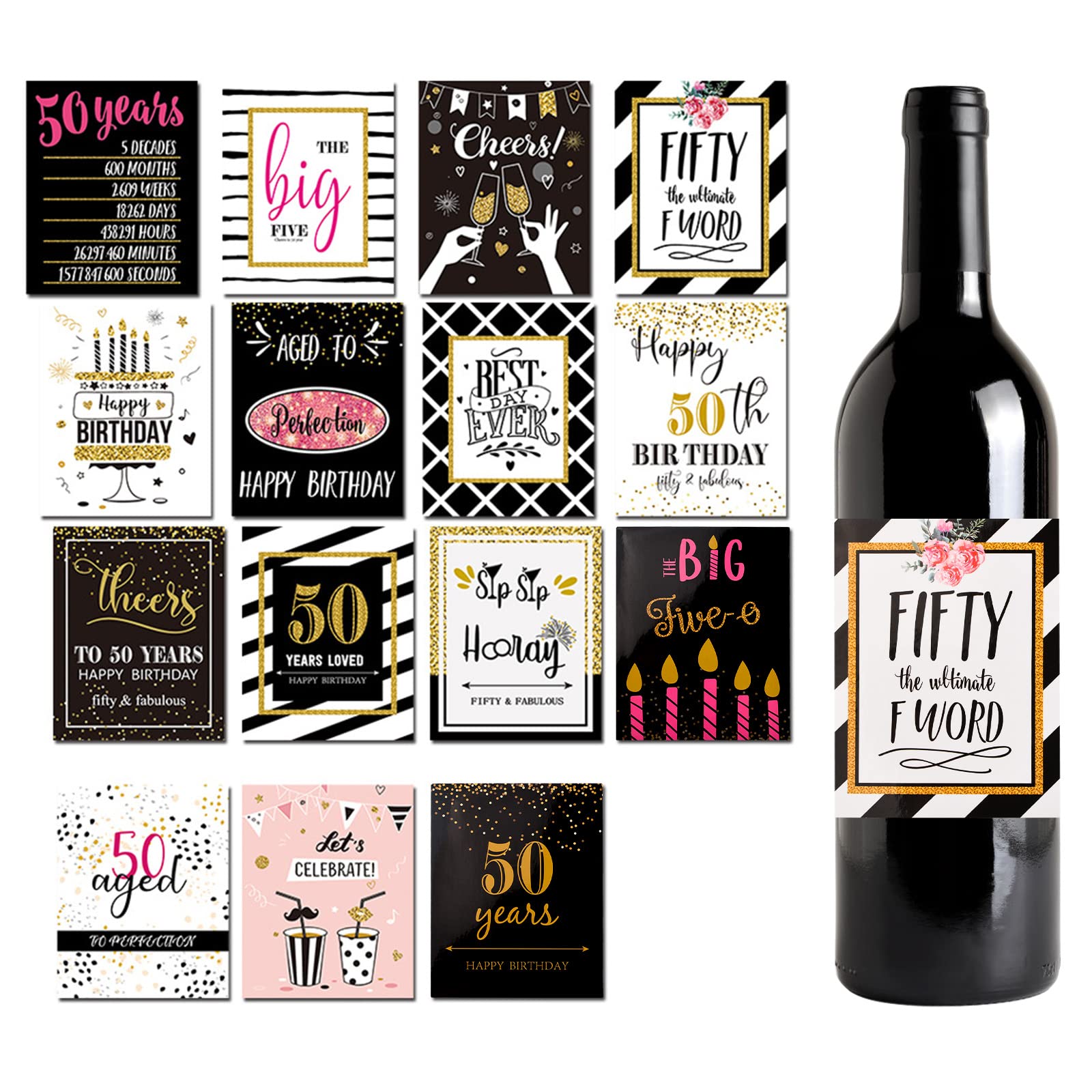 50th Birthday Party Wine & Beer Bottle Labels - 15 Sheets Cheers to 50 Years Stickers - Fun 50th Birthday Decoration Supplies for Men & Women - Perfect for Milestone Celebrations, Anniversary Parties & Retirement Gifts