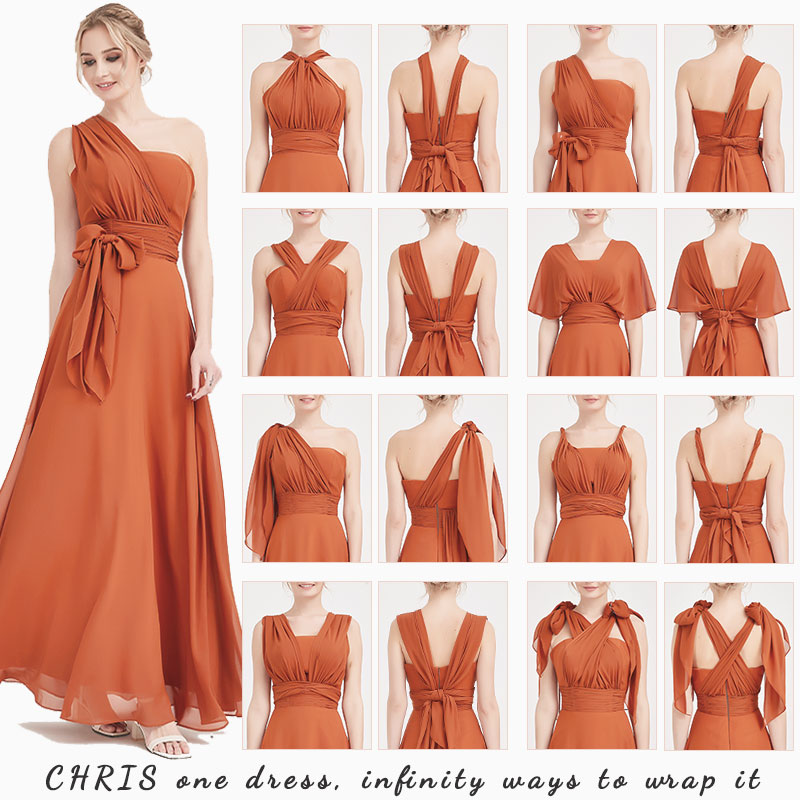 Elegant Convertible Chiffon Bridesmaid Dress - Wrap Style Rusty Red Maxi Gown for Weddings, Parties & Special Occasions