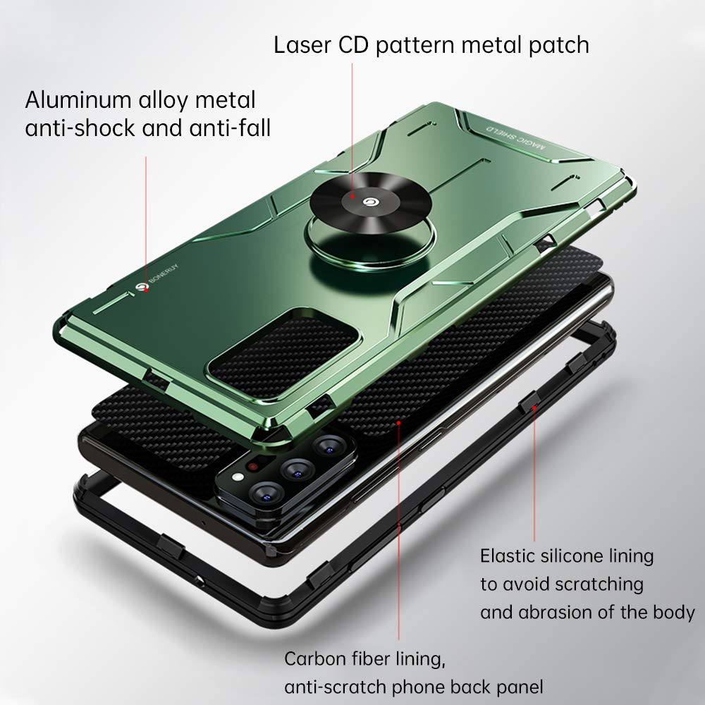 Jonwelsy Shockproof Case for Samsung Galaxy Note 20 Ultra - Soft Silicone & Aluminum Alloy Armor Cover with 360° Rotating Ring Holder, Kickstand & Magnetic Car Mount (Black) | Perfect for Daily Protection, Hands-Free Viewing & Secure Car Mounting