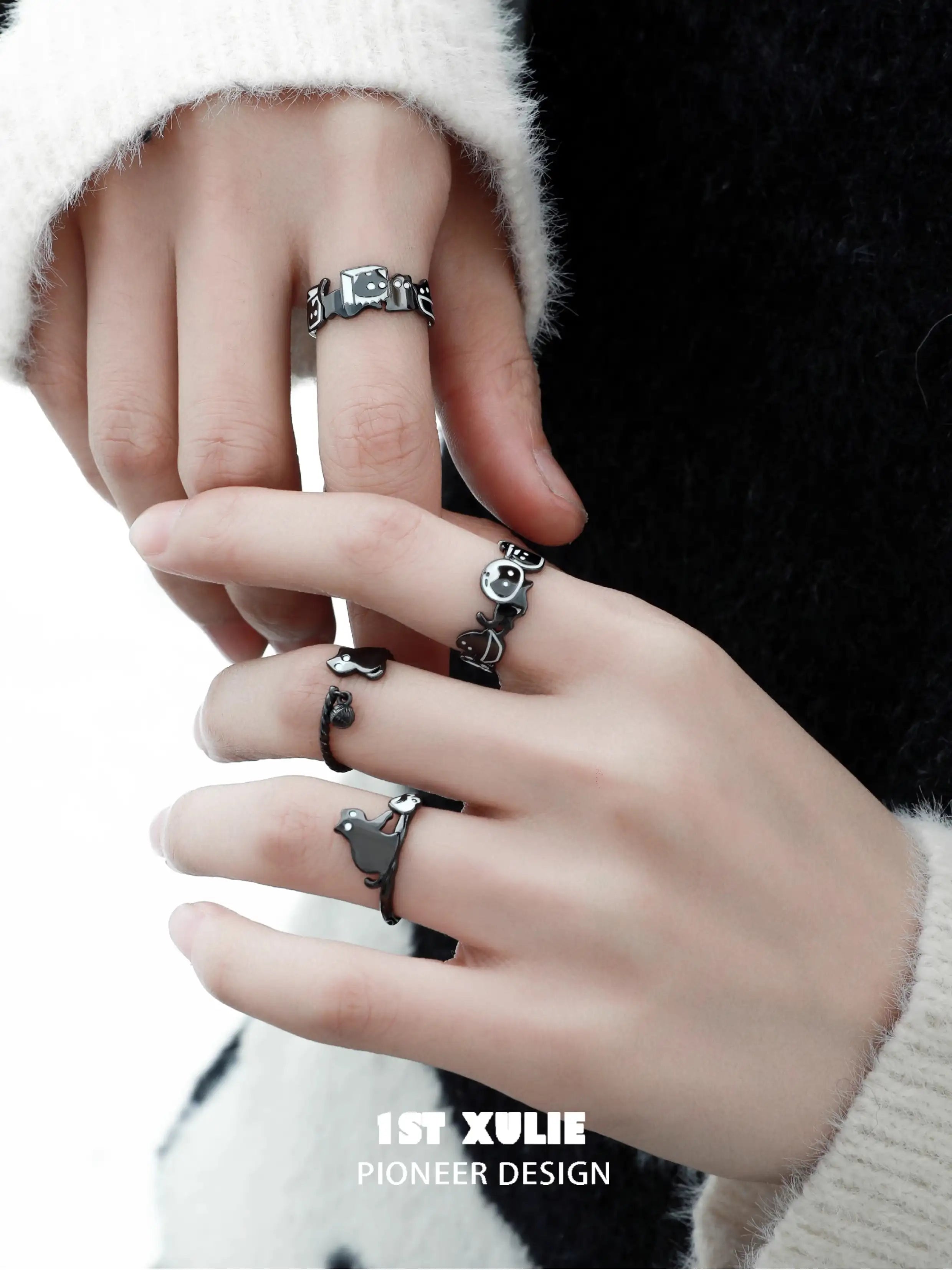 Black Cat Ghost S925 Sterling Silver Adjustable Ring for Women - Gothic Jewelry for Halloween, Witchy Aesthetic & Dark Fashion Accessories