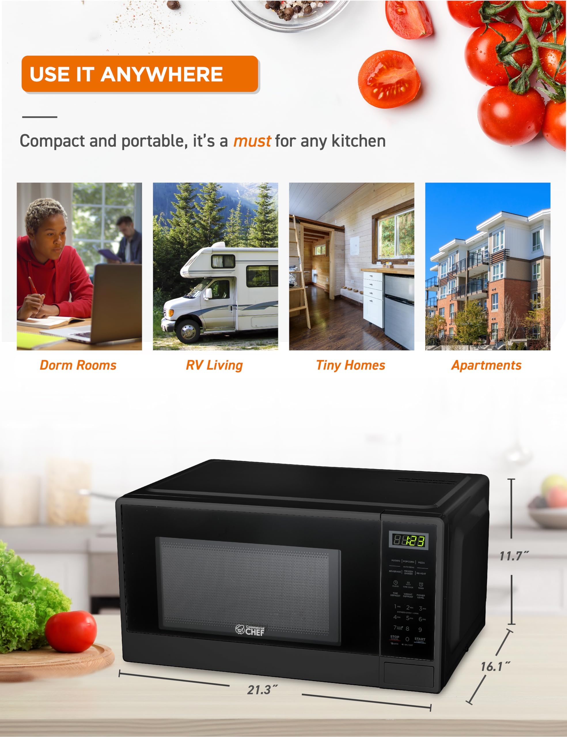 Commercial Chef 1.1 Cu Ft Compact Microwave Oven - 1000W Countertop Microwave with 10 Power Levels, Push Button Controls, Digital Display, Kitchen Timer & Safety Door Lock (Black) - Perfect for Small Kitchens, Dorms, Offices & RVs