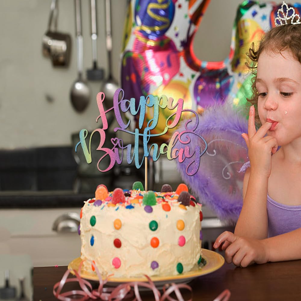 Handmade Glitter Happy Birthday Cake Topper - Rainbow Birthday Party Cake Decorations for Anniversary & Celebration Supplies | Perfect for Wedding, Baby Shower, Bridal Shower & Birthday Party Decor