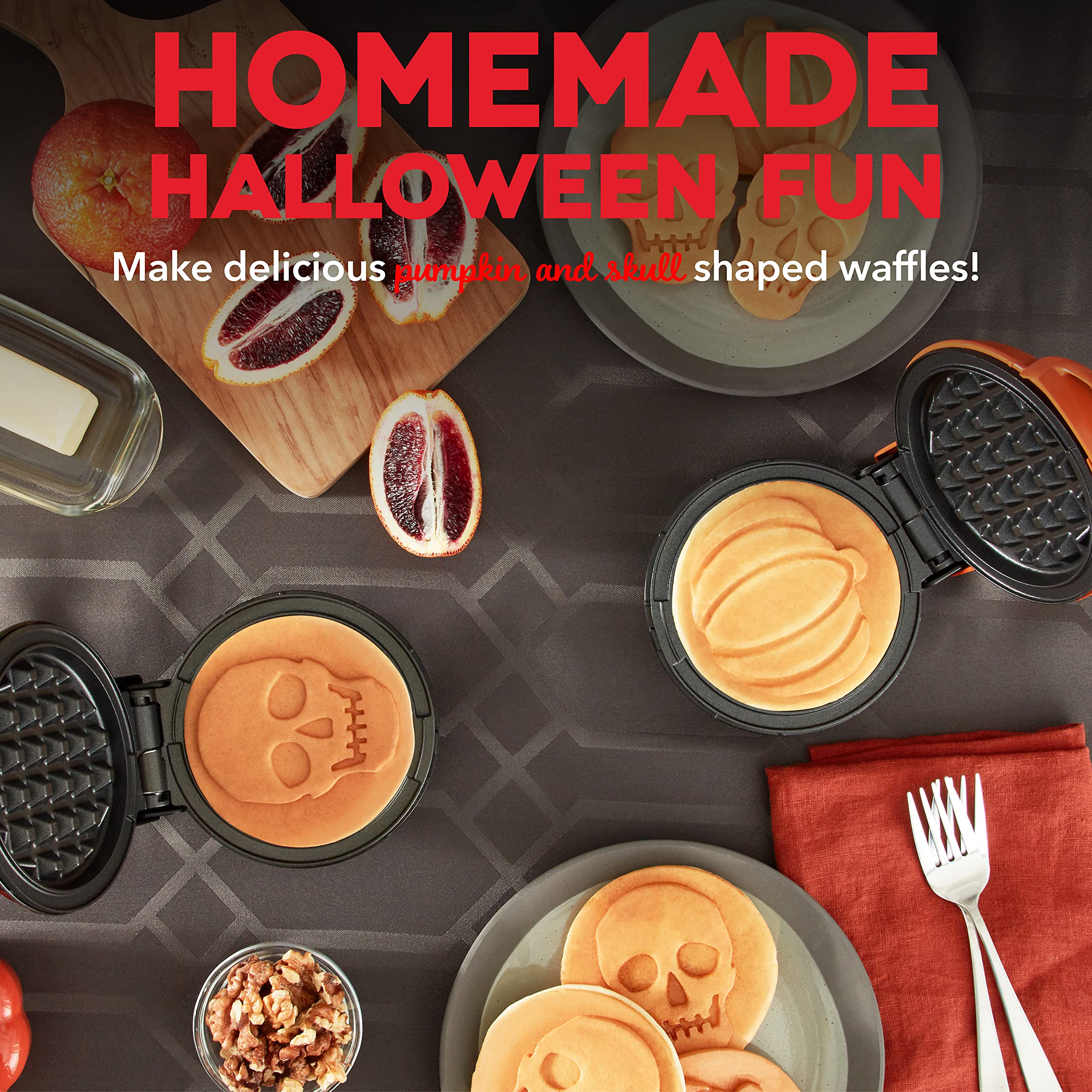 Dash Mini Waffle Maker (2 Pack) - 4 Inch Non-Stick Waffle Iron for Individual Waffles, Keto Chaffles & Hash Browns - Easy to Clean - Halloween Black & Orange - Perfect for Breakfast, Snacks & Holiday Cooking