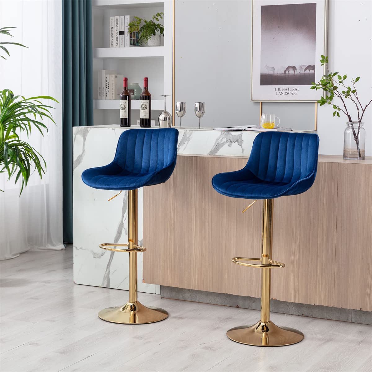TRIPLE TREE Velvet Bar Stools Set of 2 - Adjustable Counter Height Bar Chairs with Backrest & Footrest, Gold Metal Base Swivel Stools for Kitchen Island, Dining Room & Home Bar - Navy Blue Velvet Upholstery | Perfect for Entertaining, Breakfast Nooks & Modern Home Decor