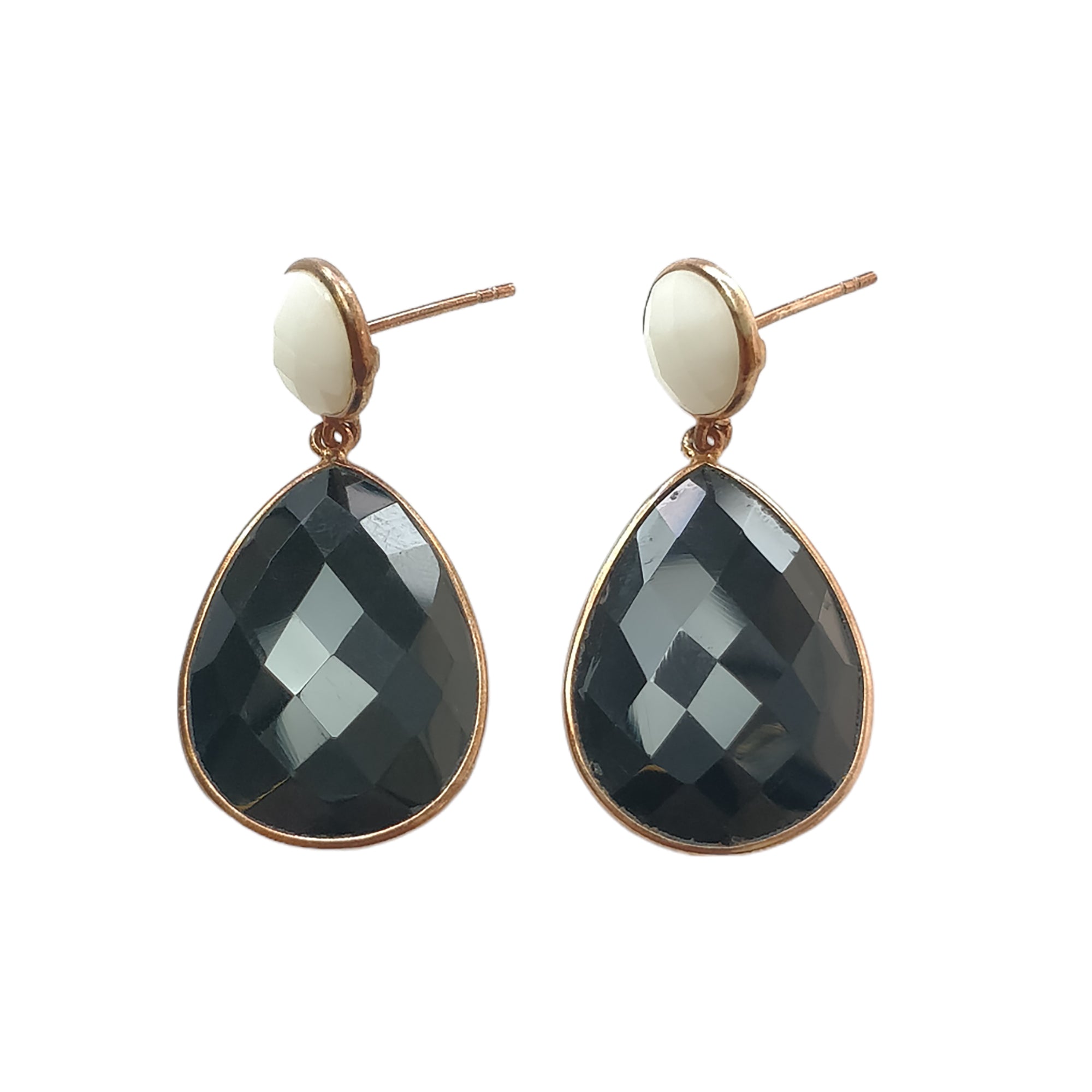 925 Sterling Silver Black & White Onyx Gemstone Earrings – 7.44g Natural Pear Round Gold Plated Bezel Set Push Back Studs – Elegant Jewelry for Women, Perfect for Parties, Weddings & Daily Wear