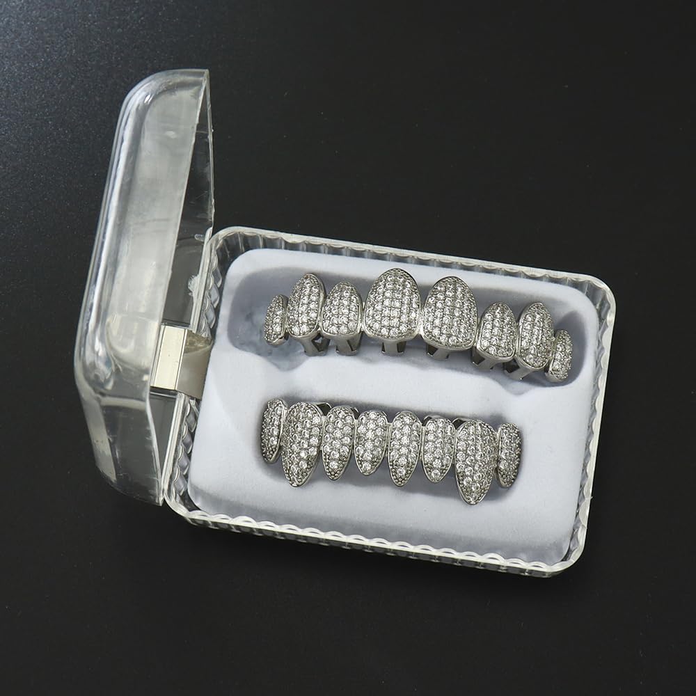 18K Gold Plated Hip Hop Grillz Set with CZ Diamonds - Customizable Teeth Grill for Men & Women - Perfect for Halloween, Parties & Rap Performances - Includes Extra Molding Bars & Iced Out Design