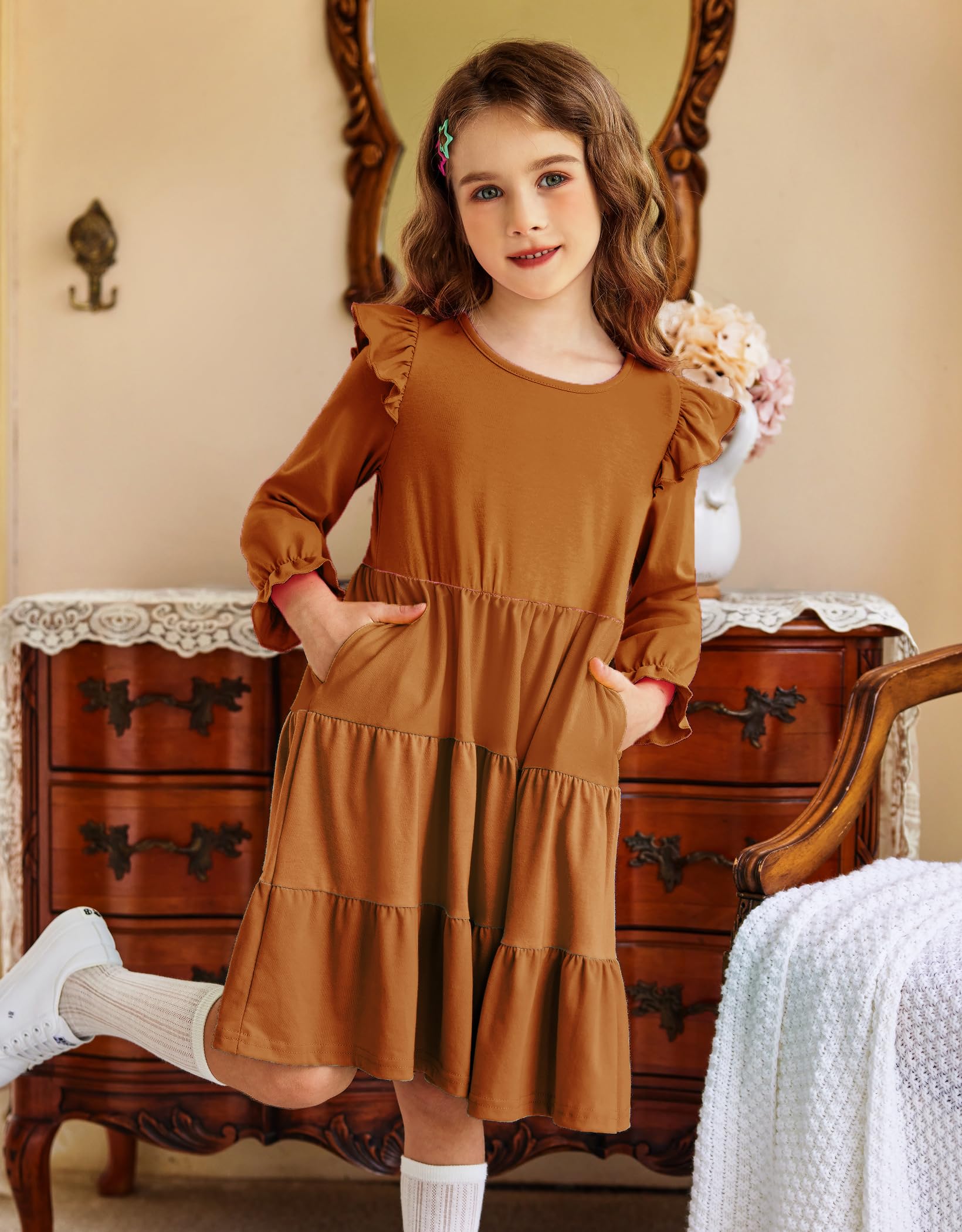 Arshiner Girls Ruffle Sleeve Tiered Flared Midi Dress with Pockets - Fall Flowy Party Dress for Kids, School, Birthday & Special Occasions